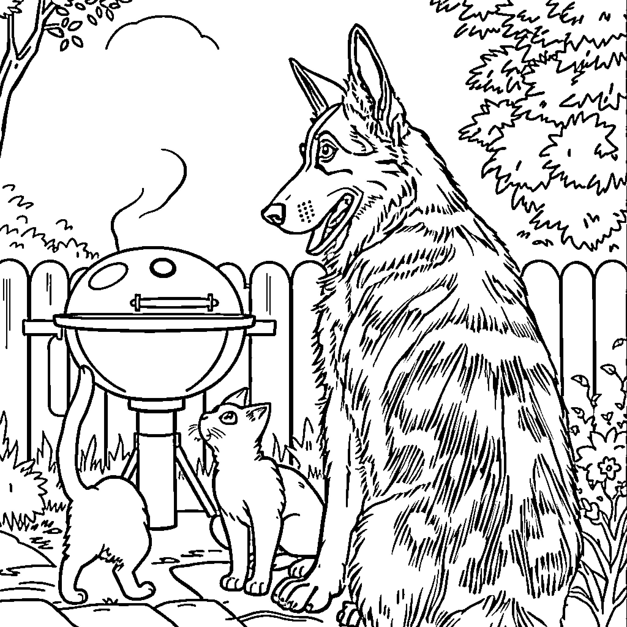 German Shepherd supervising backyard barbeque with curious cat Coloring Page (free black-and-white line drawing printable PDF for all, from beginners to advanced learners, including children, teens, adults, and seniors)