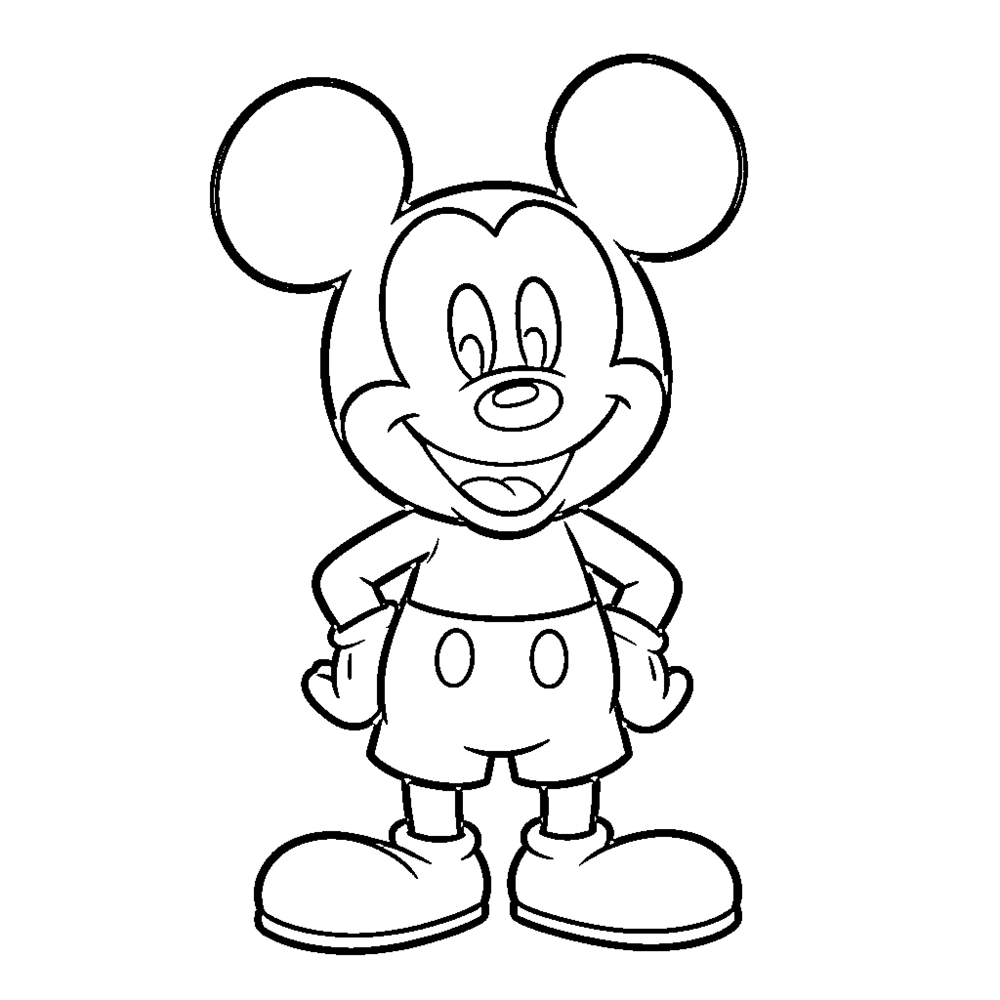 Mickey Mouse standing with hands on hips smiling Coloring Page (free black-and-white line drawing printable PDF for all, from beginners to advanced learners, including children, teens, adults, and seniors)