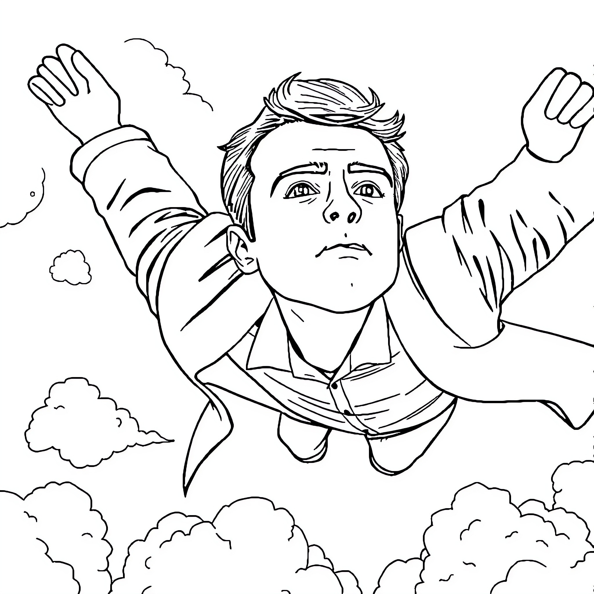 Macron soaring confidently through the skies Coloring Page (free black-and-white line drawing printable PDF for all, from beginners to advanced learners, including children, teens, adults, and seniors)