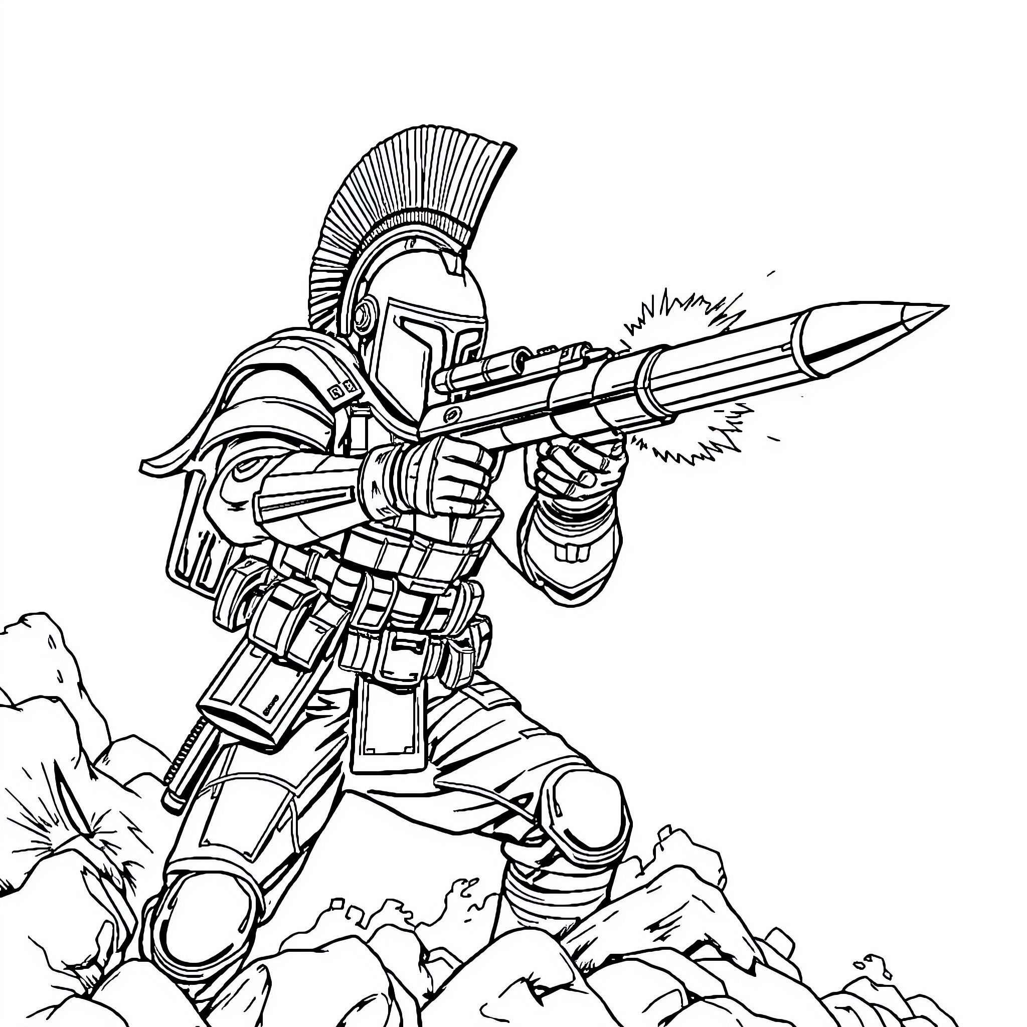 Spartan Warrior Wielding Futuristic Weapon Coloring Page (free black-and-white line drawing printable PDF for all, from beginners to advanced learners, including children, teens, adults, and seniors)