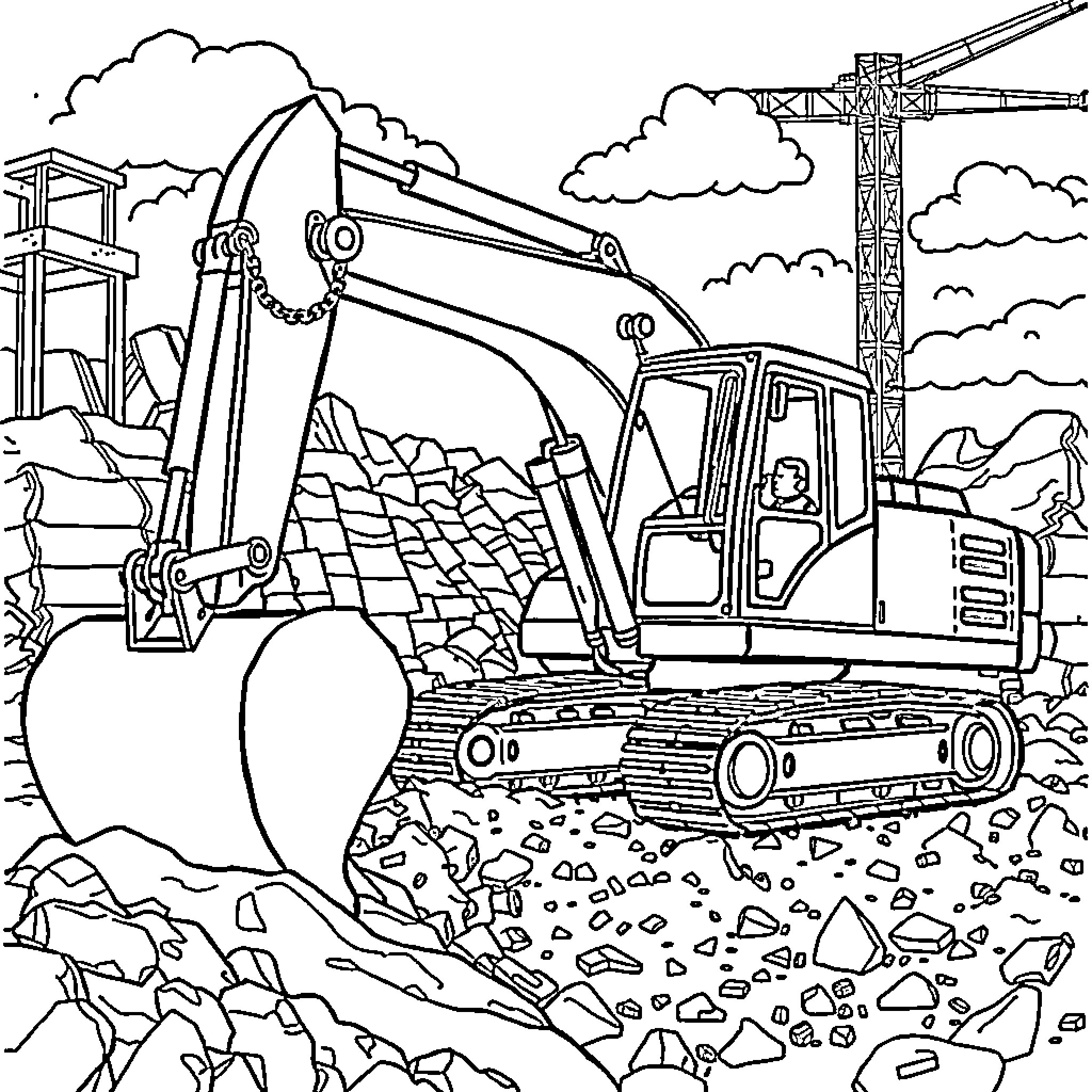 Excavator operating at construction site Coloring Page (free black-and-white line drawing printable PDF for all, from beginners to advanced learners, including children, teens, adults, and seniors)