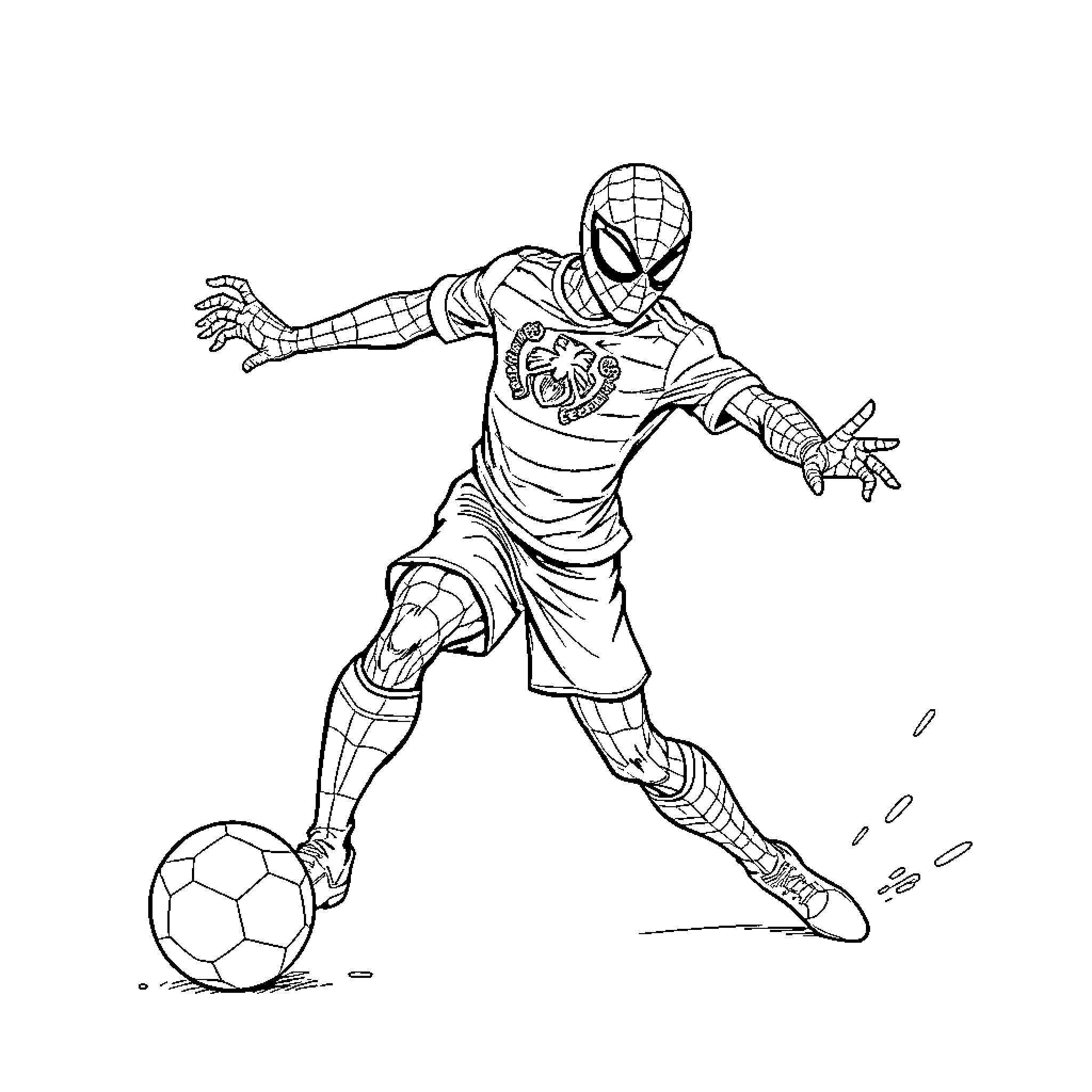 Spiderman playing soccer in superhero outfit Coloring Page (free black-and-white line drawing printable PDF for all, from beginners to advanced learners, including children, teens, adults, and seniors)