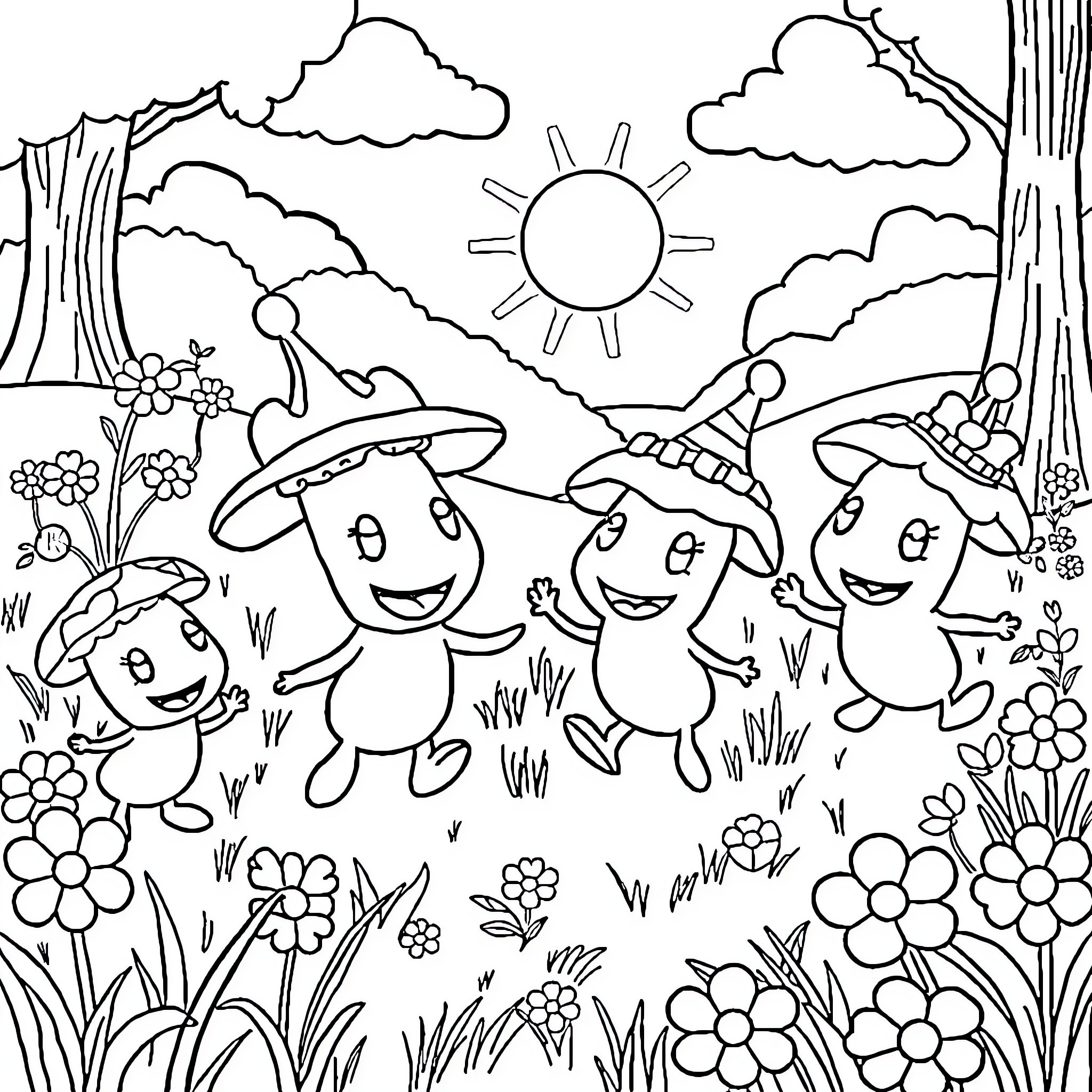 Pikmin exploring a vibrant outdoor scene Coloring Page (free black-and-white line drawing printable PDF for all, from beginners to advanced learners, including children, teens, adults, and seniors)