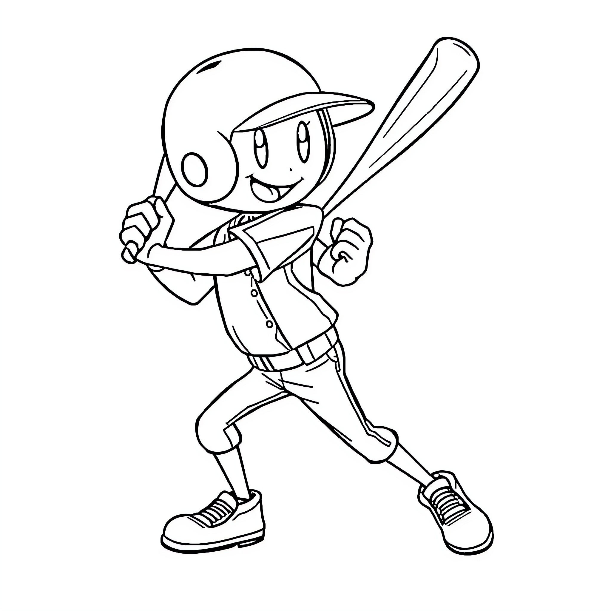 Baseball Bat Wielding Character in Batting Stance Coloring Page (free black-and-white line drawing printable PDF for all, from beginners to advanced learners, including children, teens, adults, and seniors)