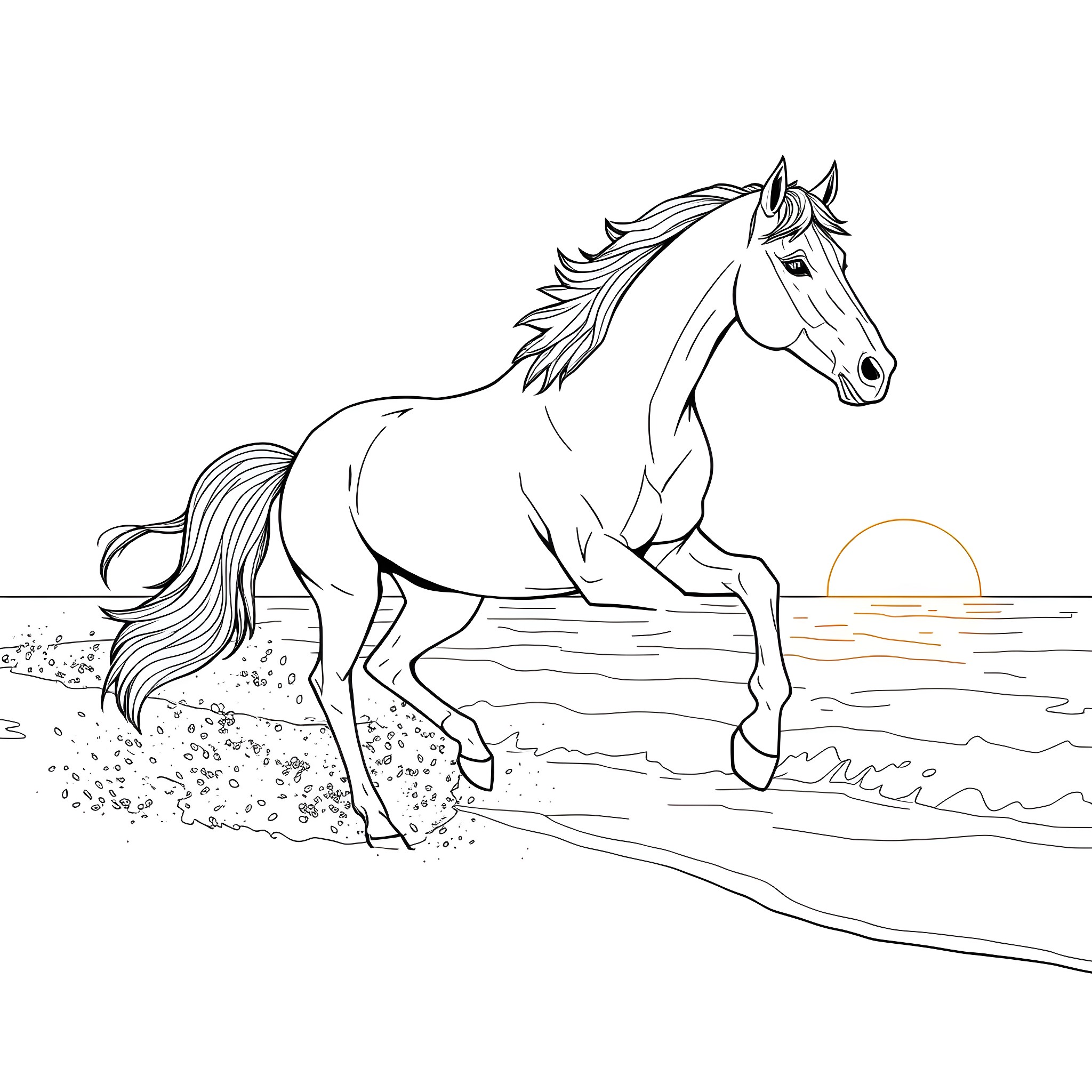 Horse galloping freely on the beach Coloring Page (free black-and-white line drawing printable PDF for all, from beginners to advanced learners, including children, teens, adults, and seniors)