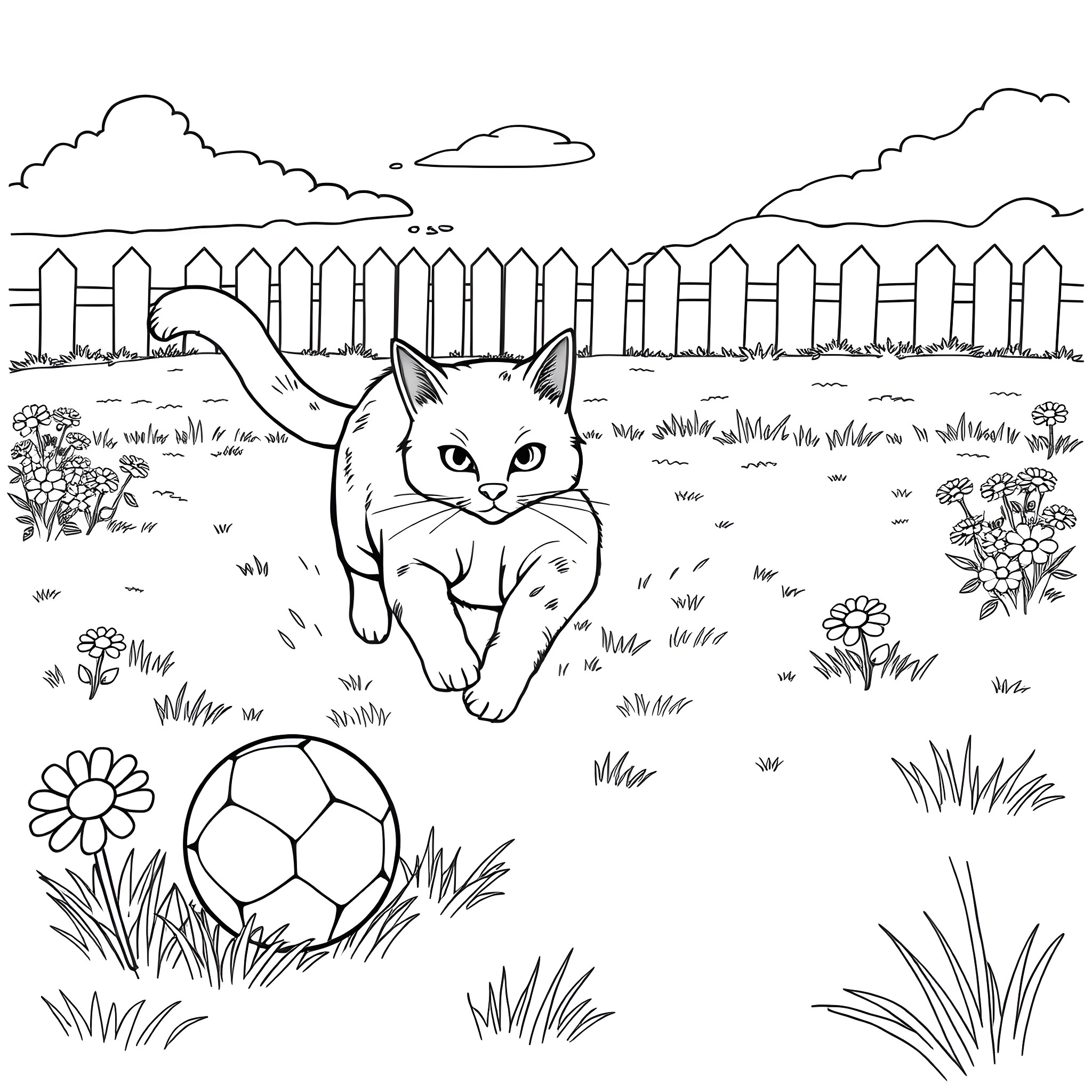Cat Exploring a Fenced Yard with Ball and Flowers Coloring Page (free black-and-white line drawing printable PDF for all, from beginners to advanced learners, including children, teens, adults, and seniors)