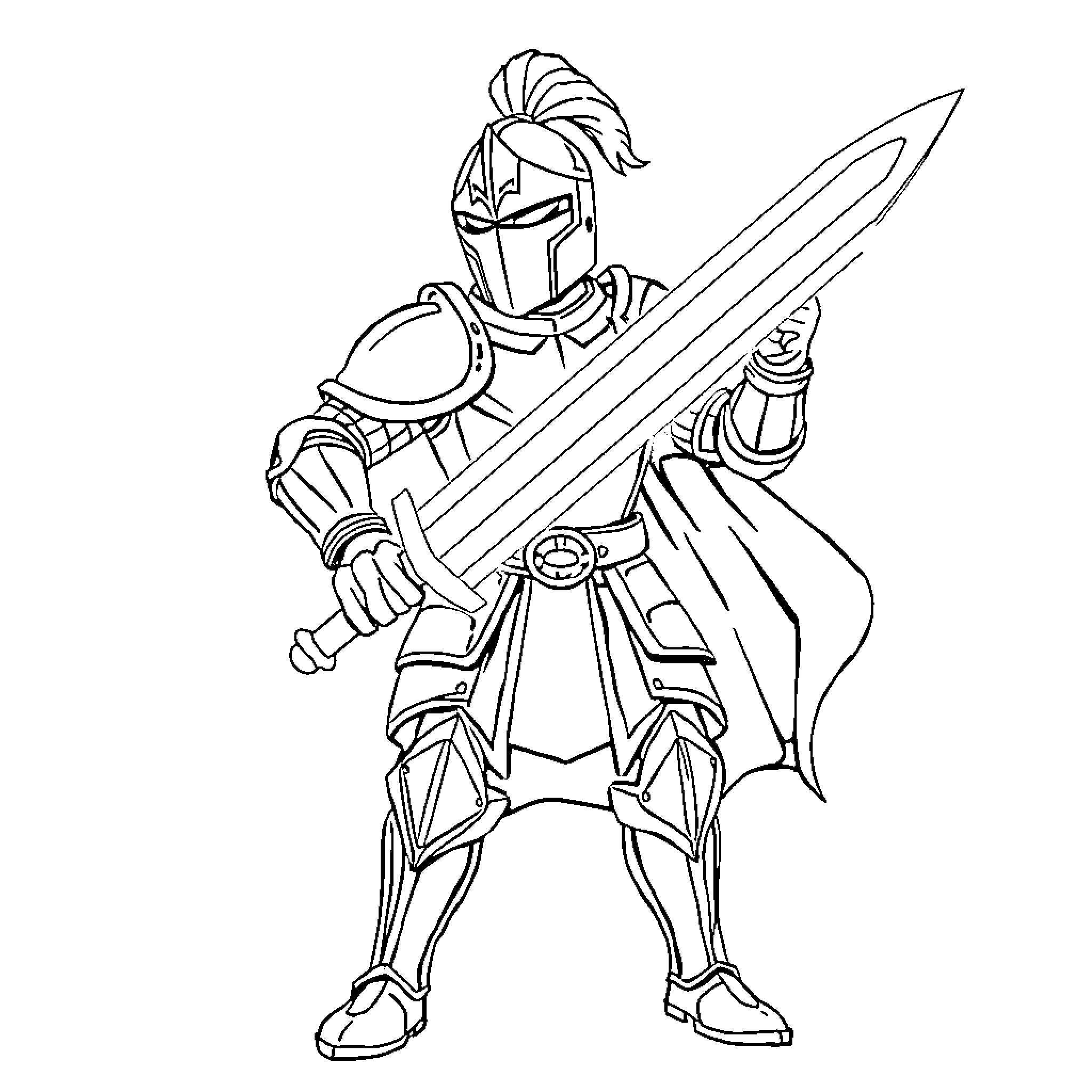 Knight holding a sword in a battle stance Coloring Page (free black-and-white line drawing printable PDF for all, from beginners to advanced learners, including children, teens, adults, and seniors)