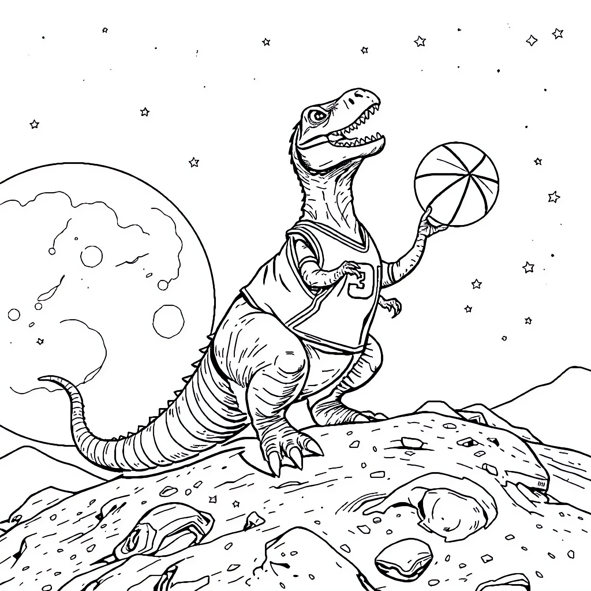 Dinosaur playing with a beach ball under the stars Coloring Page (free black-and-white line drawing printable PDF for all, from beginners to advanced learners, including children, teens, adults, and seniors)
