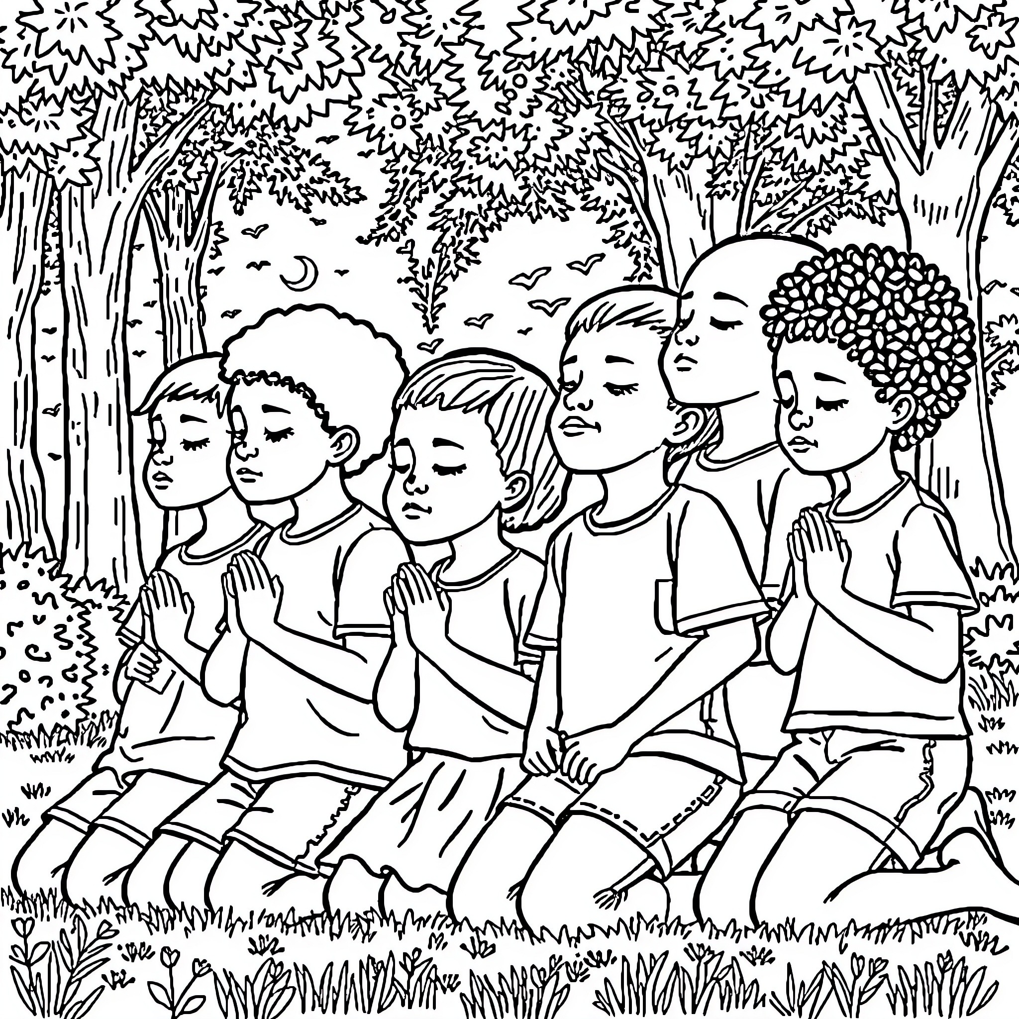 Kid friends bonding together in the forest Coloring Page (free black-and-white line drawing printable PDF for all, from beginners to advanced learners, including children, teens, adults, and seniors)