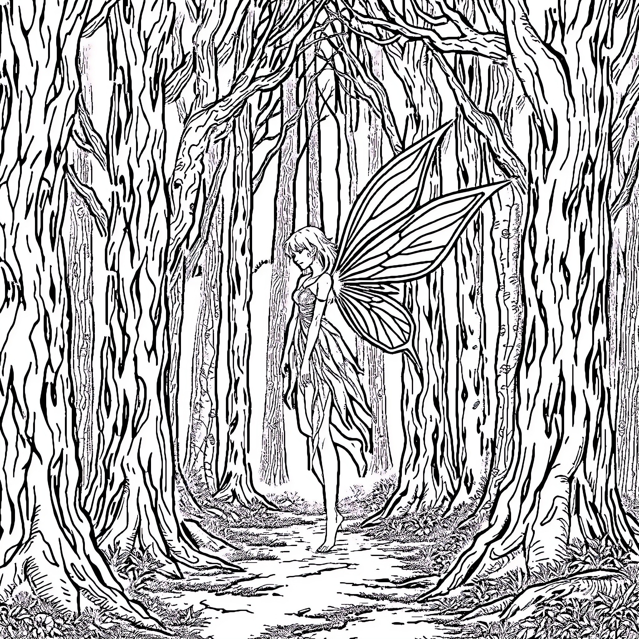 Fairy in a Magical Forest Coloring Page (free black-and-white line drawing printable PDF for all, from beginners to advanced learners, including children, teens, adults, and seniors)