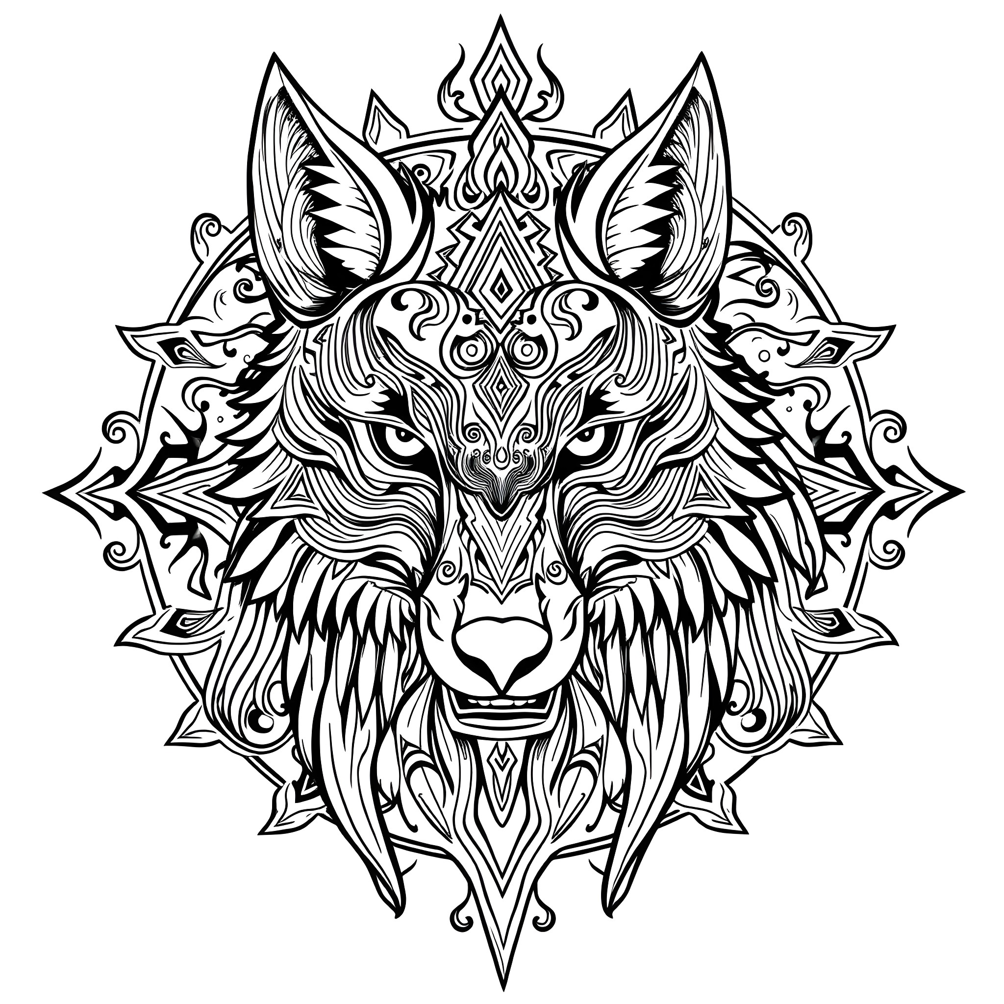 Wolf with intricate tribal pattern and wings Coloring Page (free black-and-white line drawing printable PDF for all, from beginners to advanced learners, including children, teens, adults, and seniors)