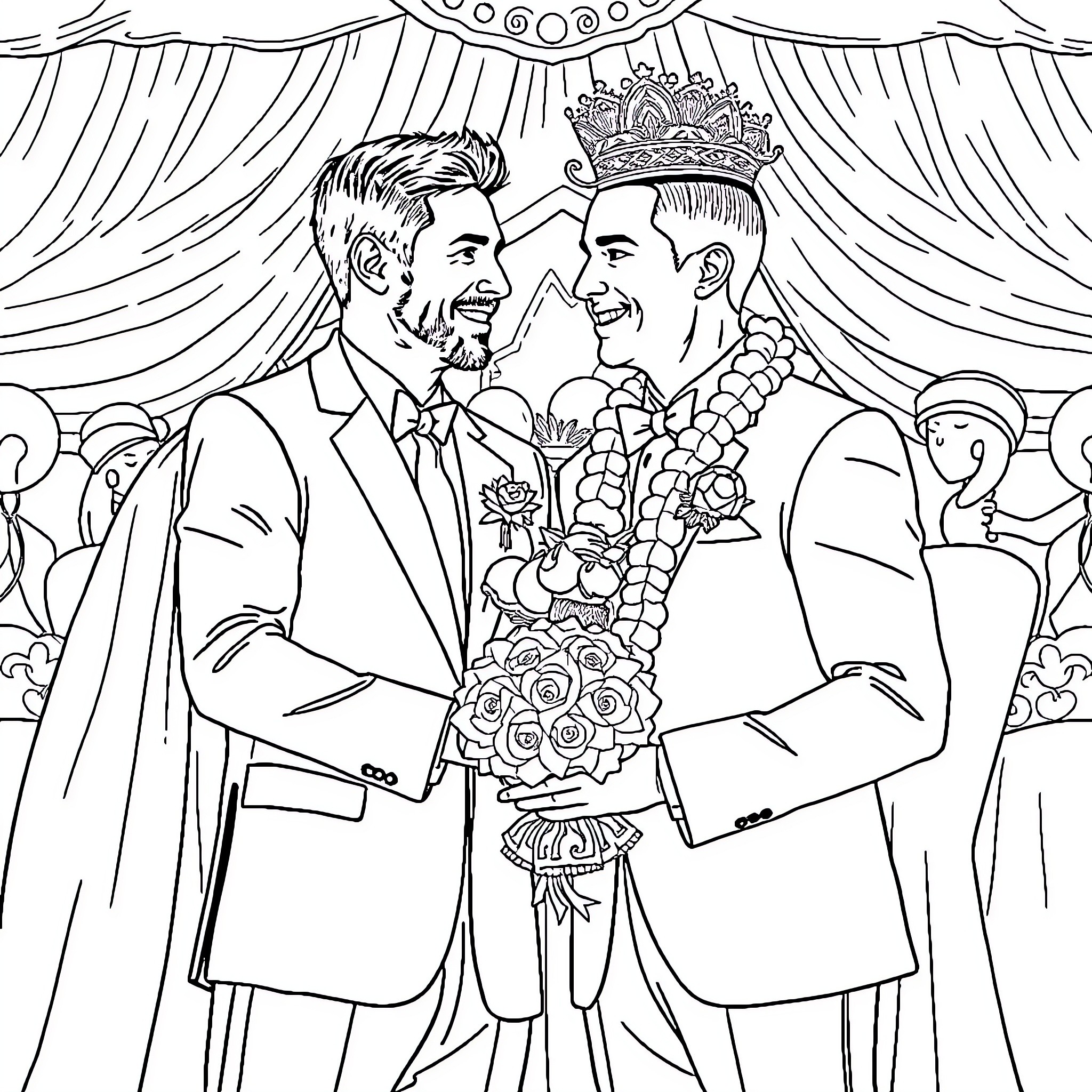 Messi and companion celebrate at festive ceremony Coloring Page (free black-and-white line drawing printable PDF for all, from beginners to advanced learners, including children, teens, adults, and seniors)