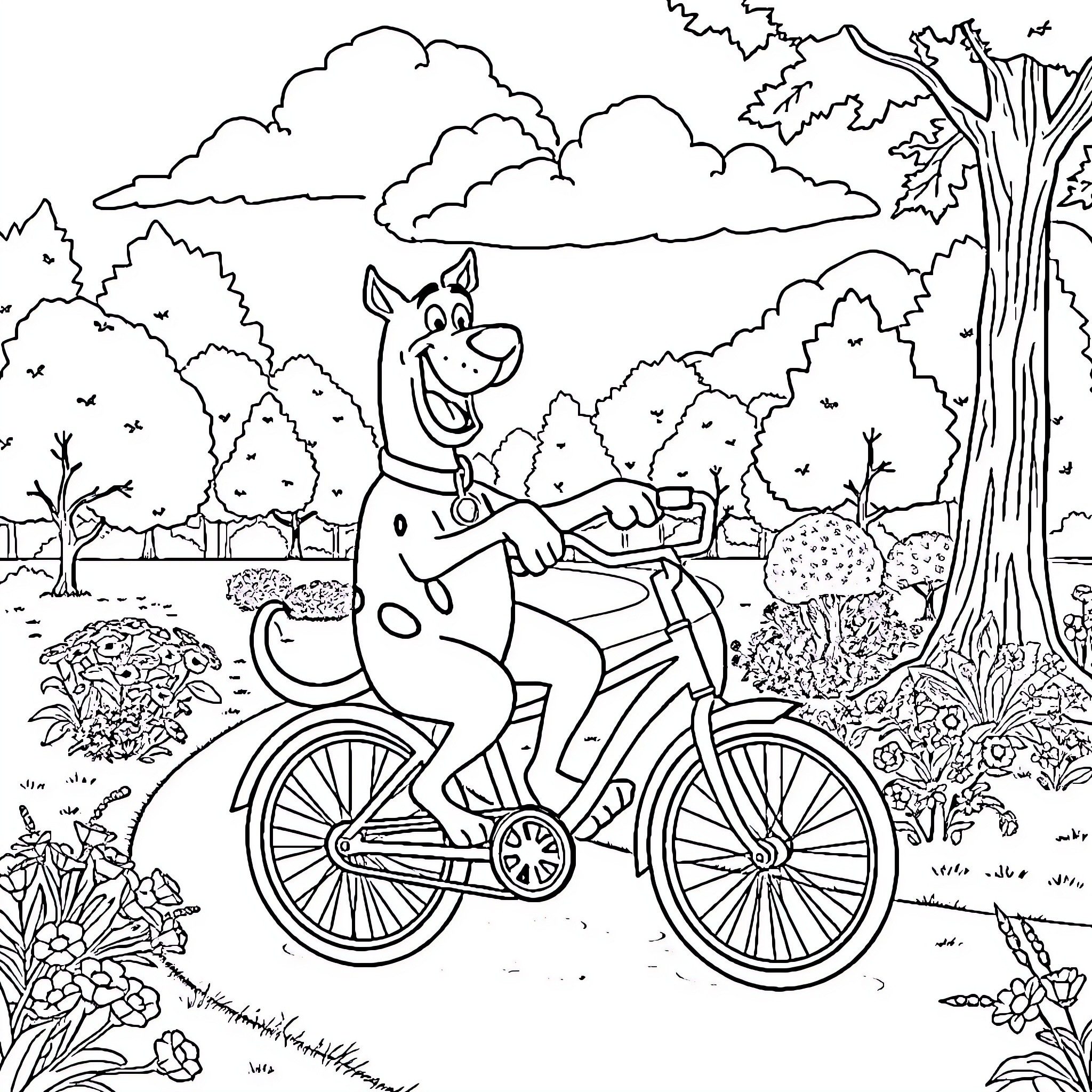 Scooby Doo riding a bicycle in the forest Coloring Page (free black-and-white line drawing printable PDF for all, from beginners to advanced learners, including children, teens, adults, and seniors)
