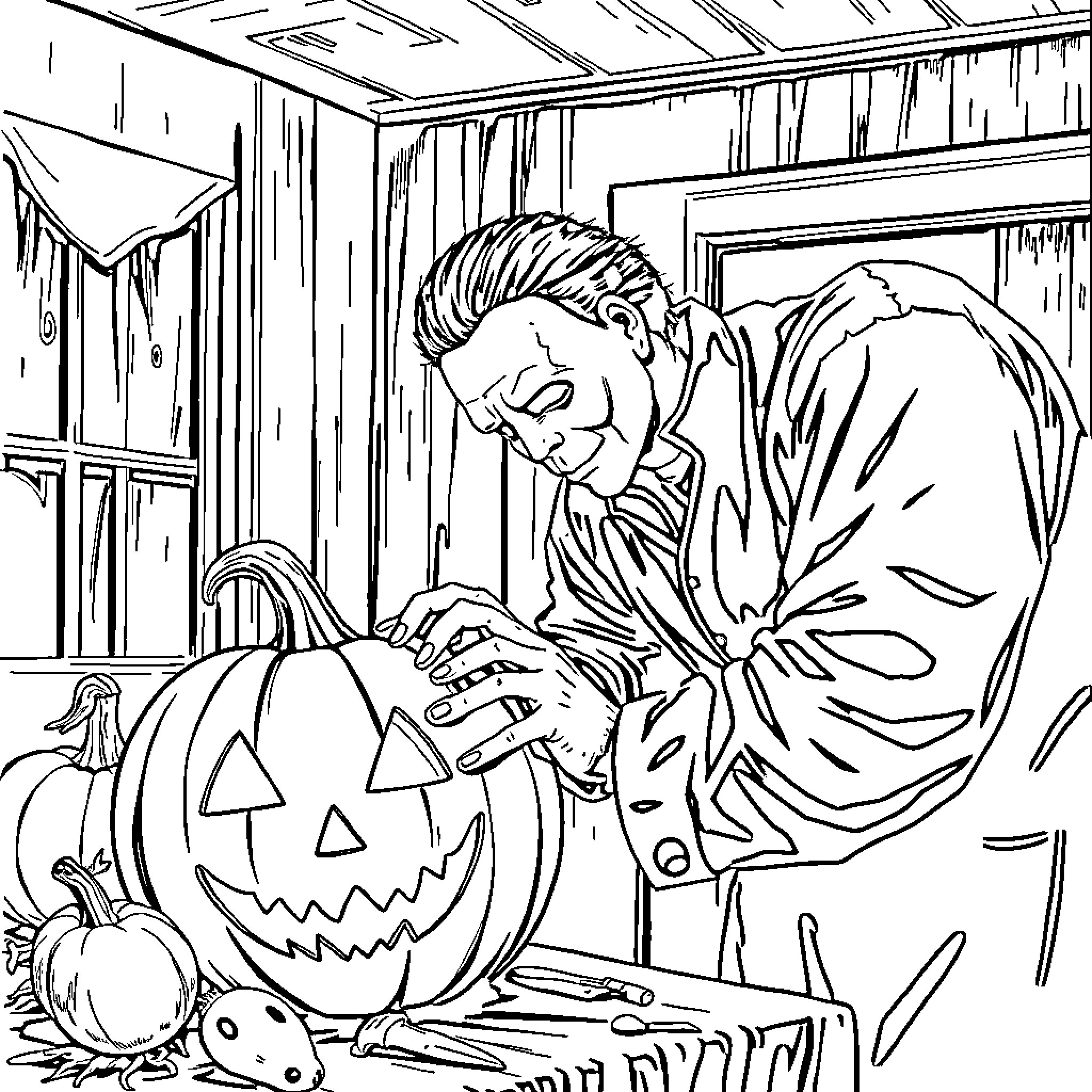 Micheal Myers carving a Jack-o'-lantern in a spooky cabin Coloring Page (free black-and-white line drawing printable PDF for all, from beginners to advanced learners, including children, teens, adults, and seniors)