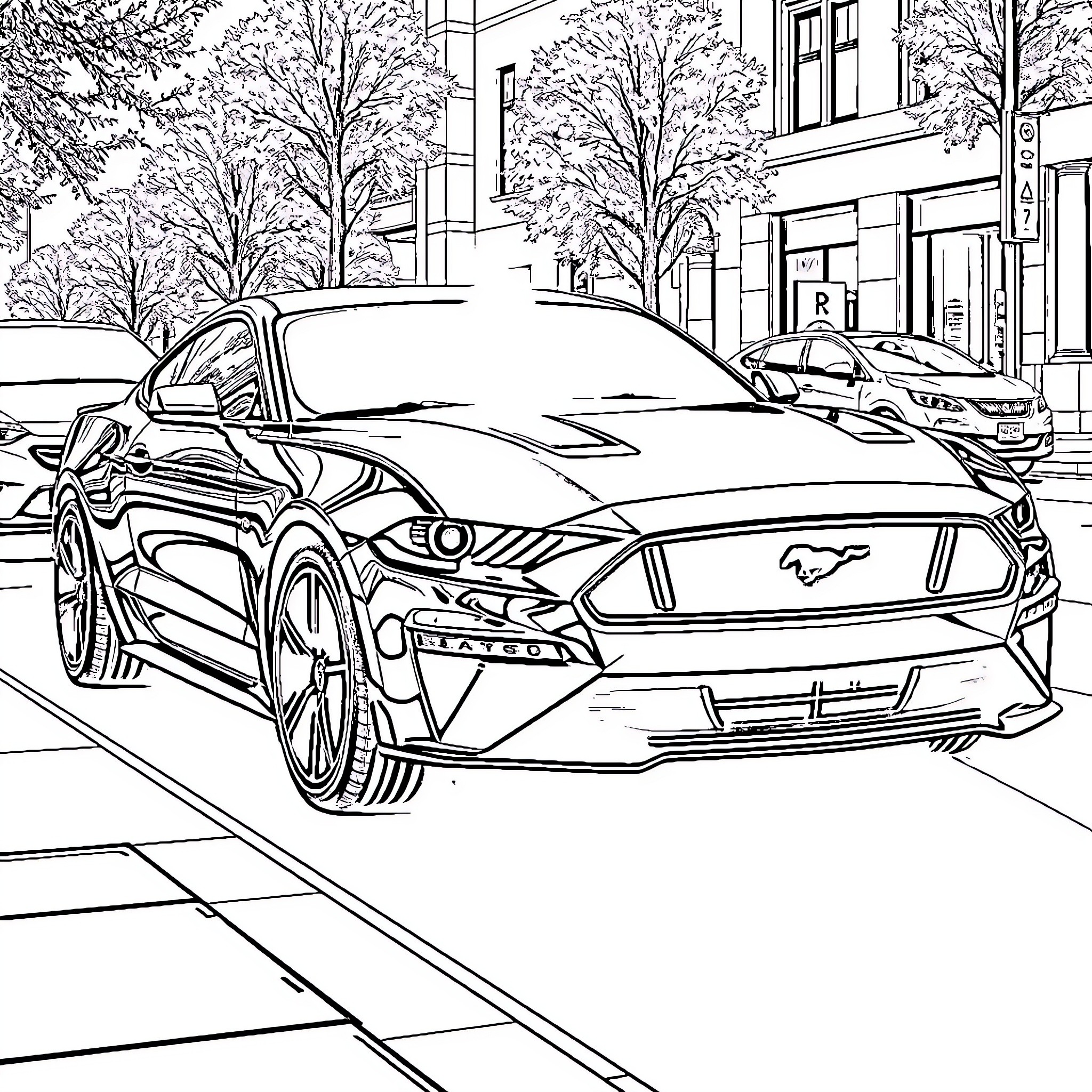 Mustang sports car on the city street Coloring Page (free black-and-white line drawing printable PDF for all, from beginners to advanced learners, including children, teens, adults, and seniors)