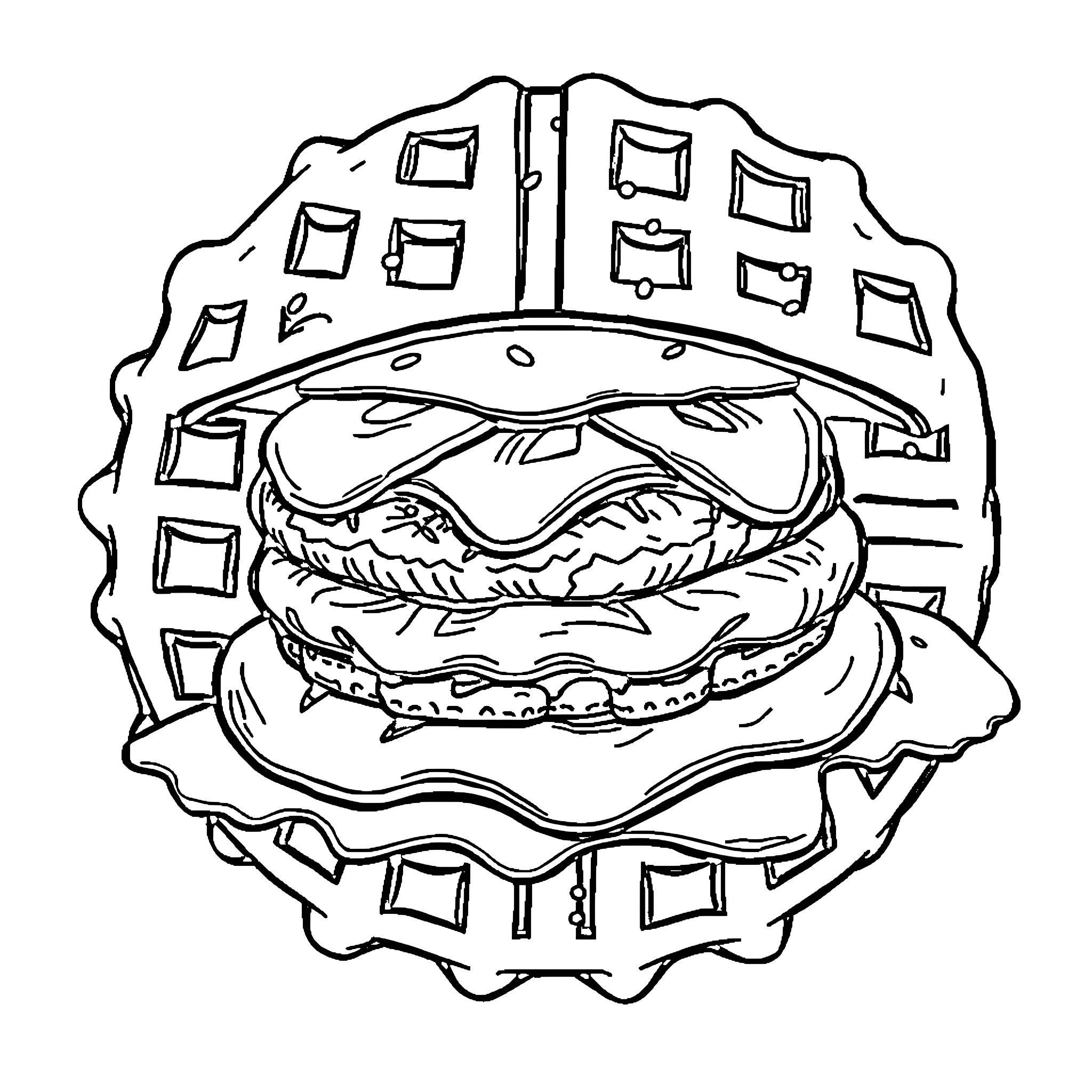 Waffle-shaped burger with decorative pattern Coloring Page (free black-and-white line drawing printable PDF for all, from beginners to advanced learners, including children, teens, adults, and seniors)