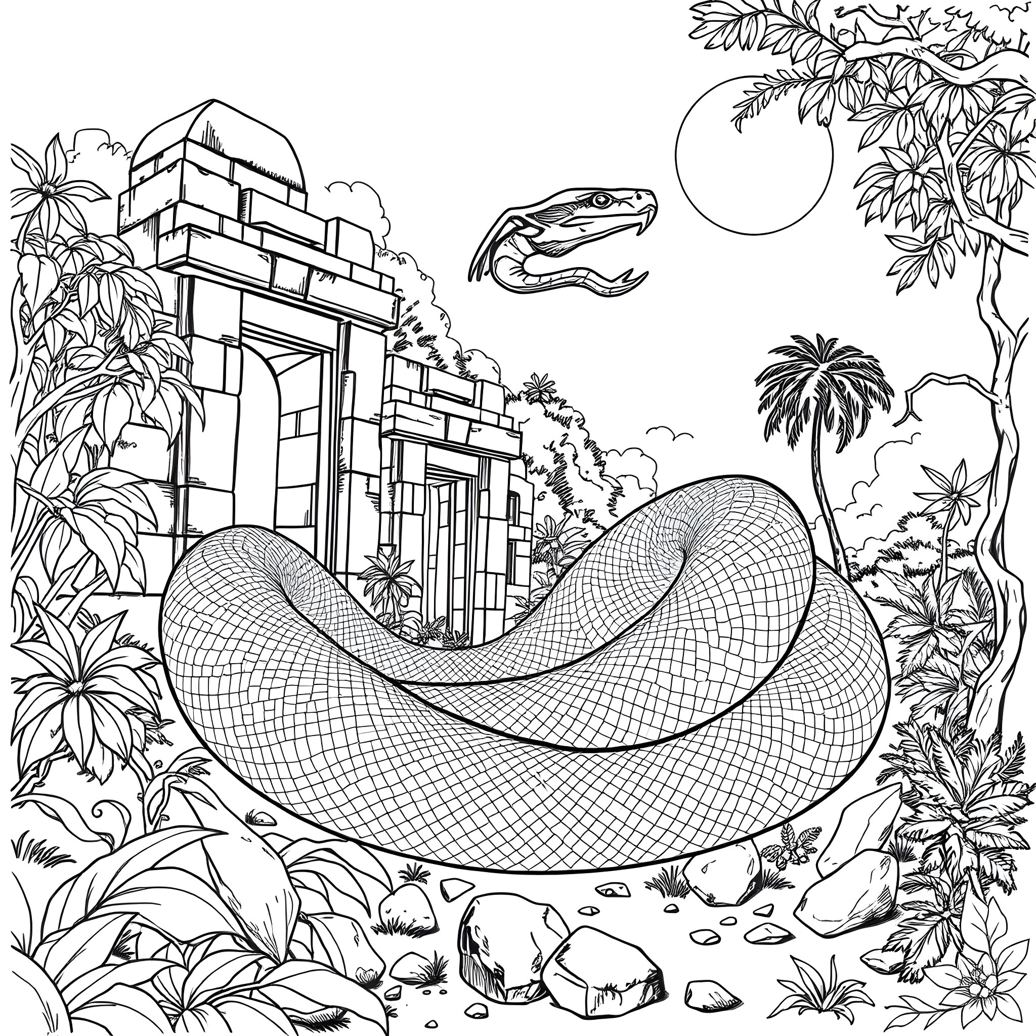 Snake slithering through lush jungle with ruins Coloring Page (free black-and-white line drawing printable PDF for all, from beginners to advanced learners, including children, teens, adults, and seniors)