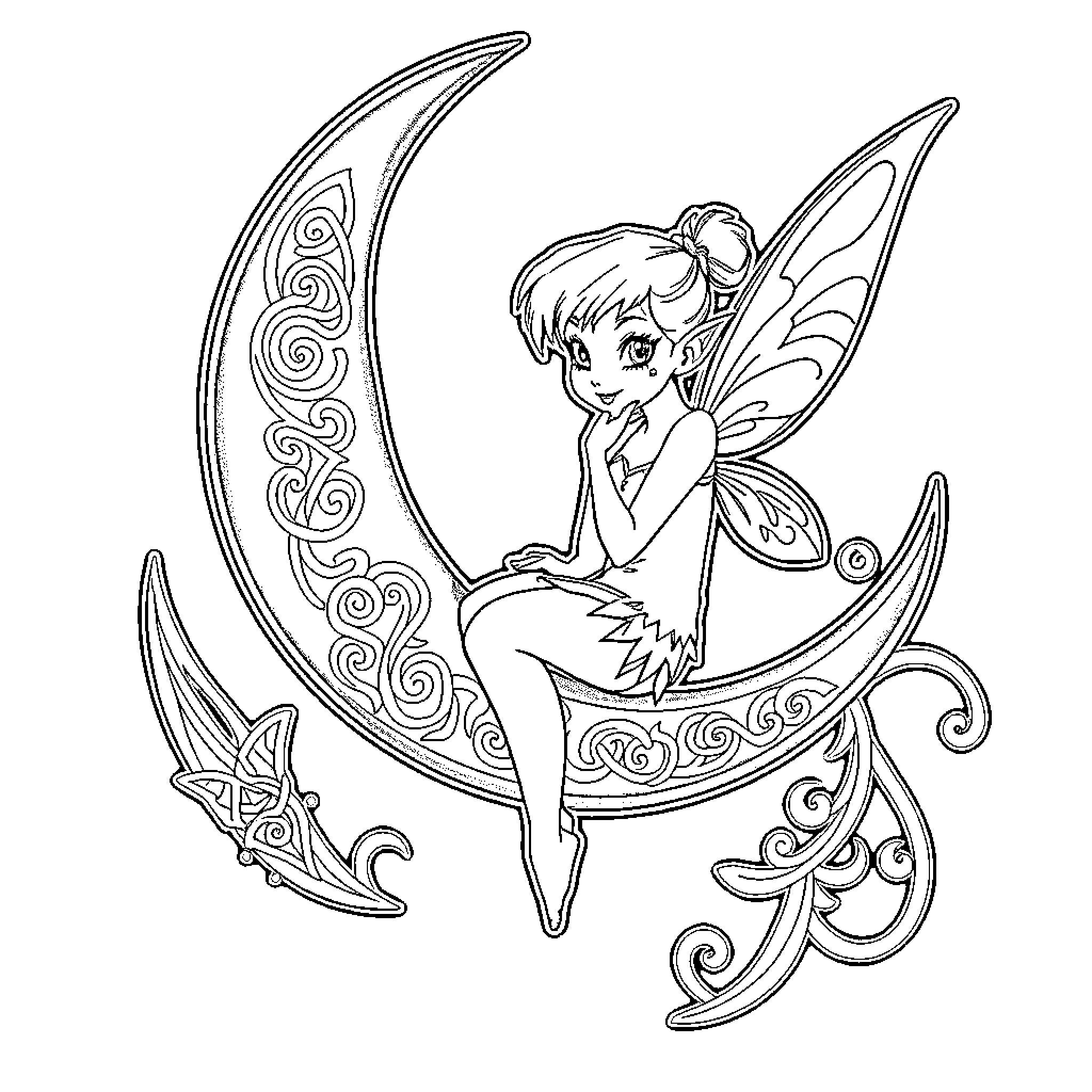 Tinkerbell resting on a crescent moon Coloring Page (free black-and-white line drawing printable PDF for all, from beginners to advanced learners, including children, teens, adults, and seniors)