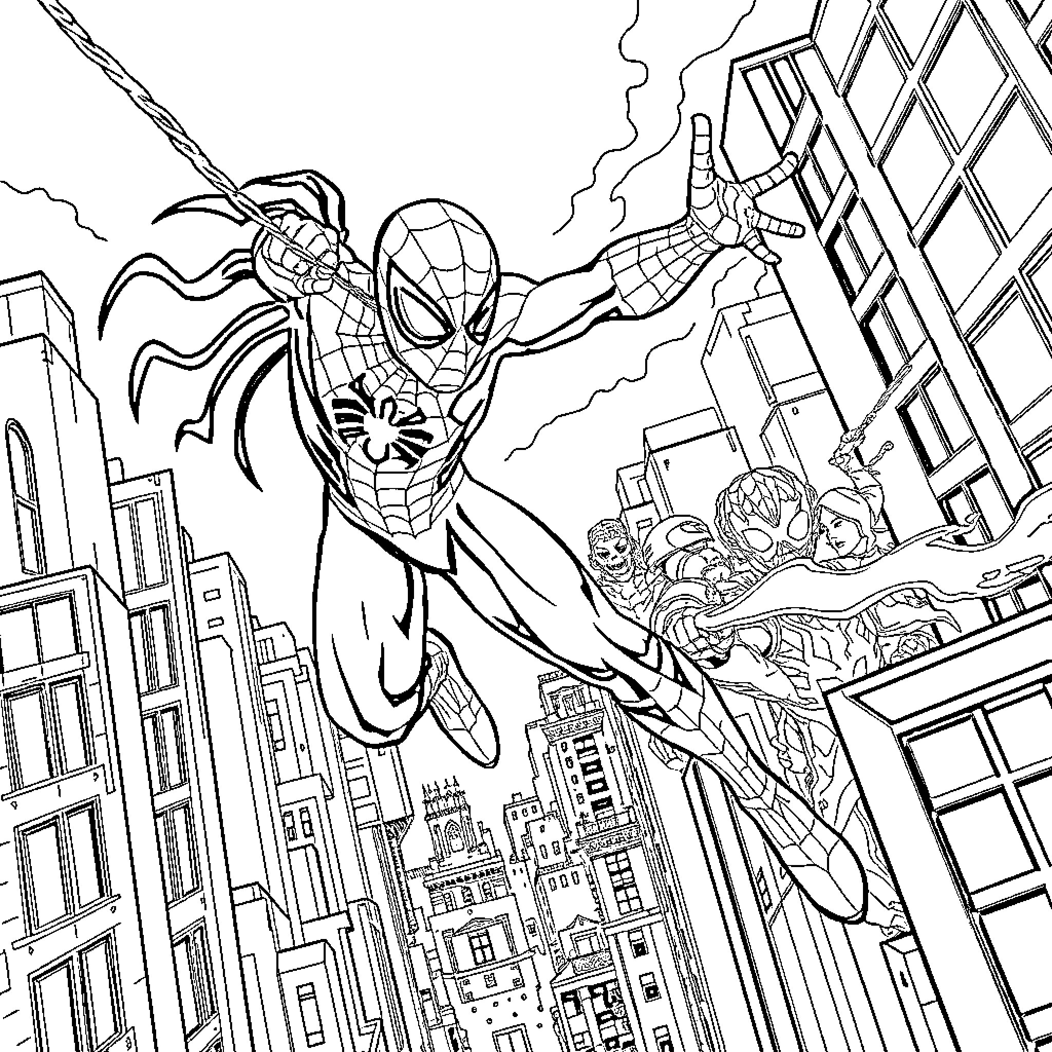 Spiderman swinging heroically through the city Coloring Page (free black-and-white line drawing printable PDF for all, from beginners to advanced learners, including children, teens, adults, and seniors)