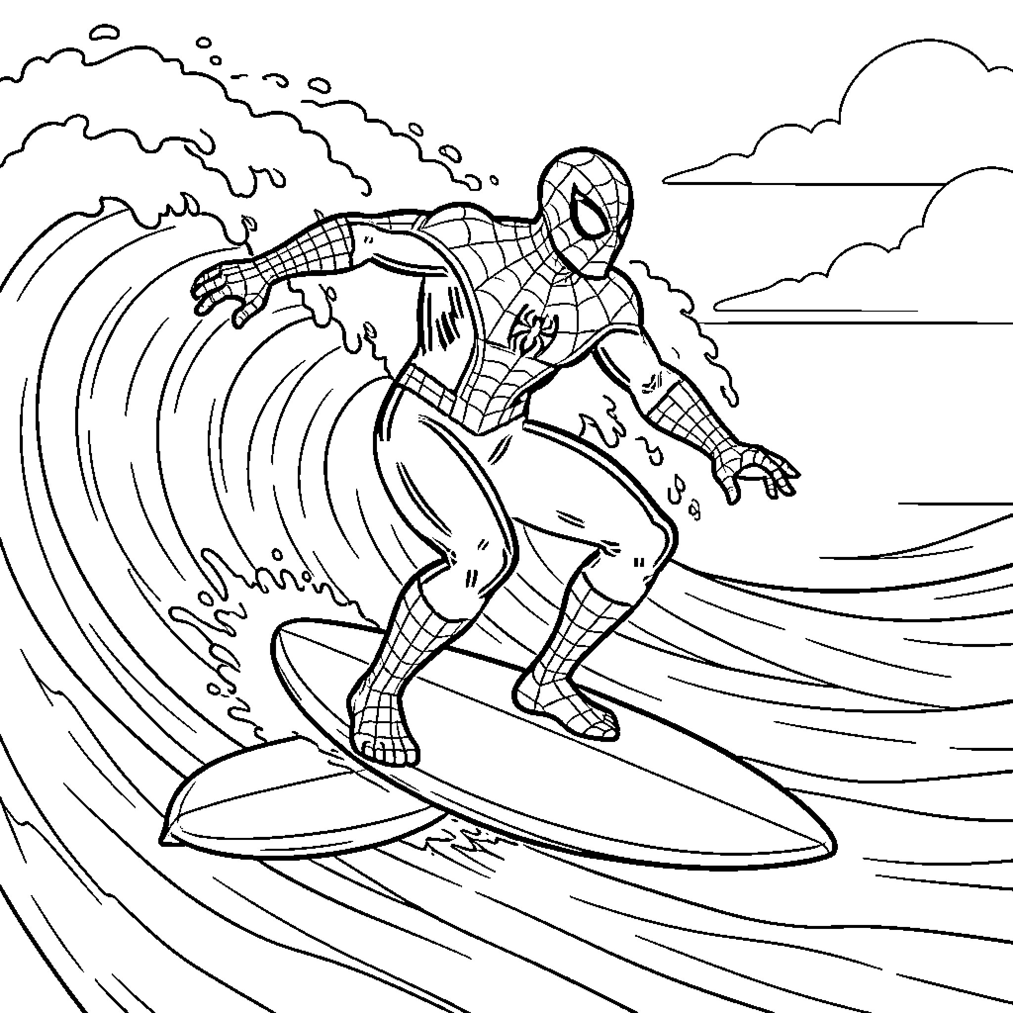 Spider-Man surfing on a large ocean wave Coloring Page (free black-and-white line drawing printable PDF for all, from beginners to advanced learners, including children, teens, adults, and seniors)