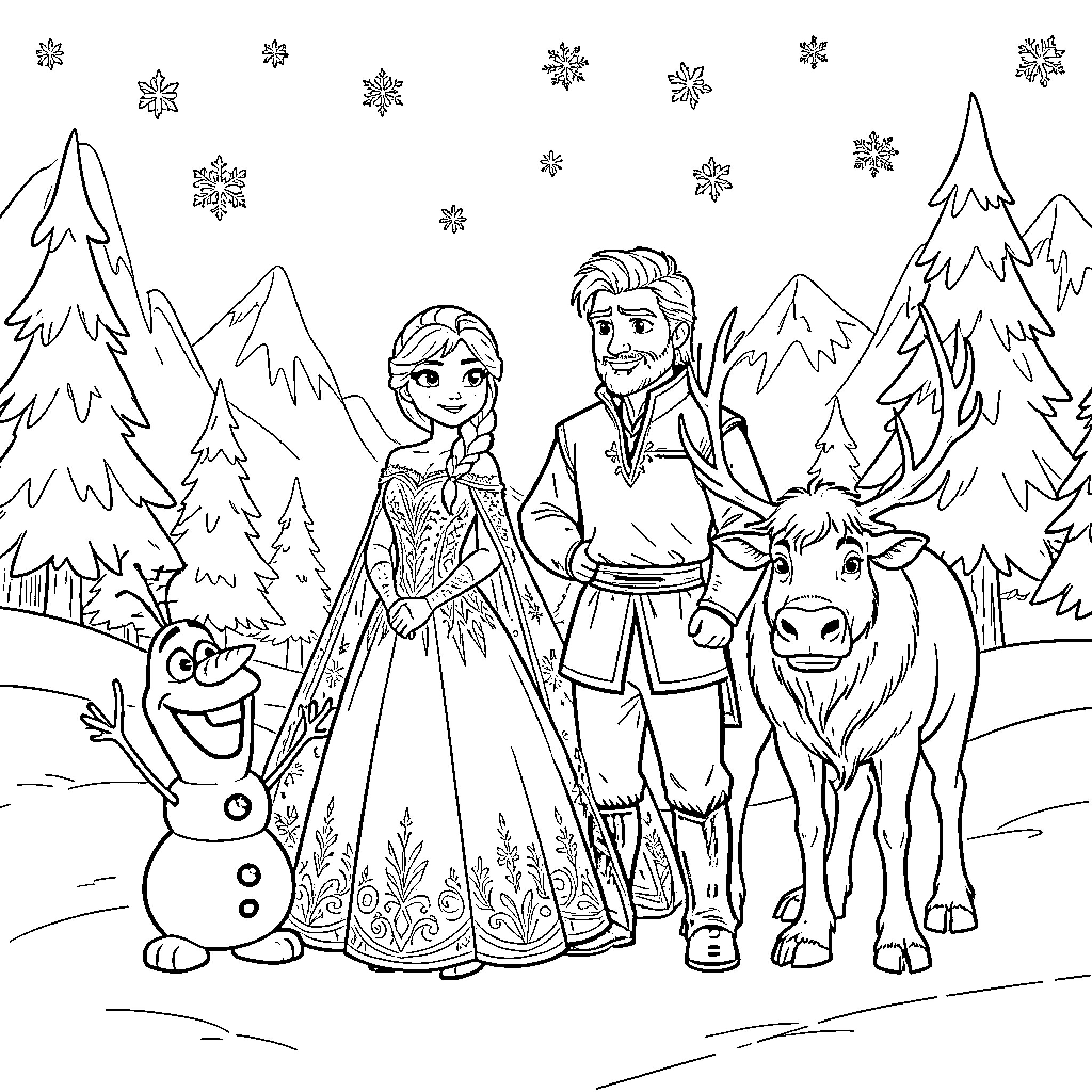 Elsa standing with friends in a snowy landscape Coloring Page (free black-and-white line drawing printable PDF for all, from beginners to advanced learners, including children, teens, adults, and seniors)