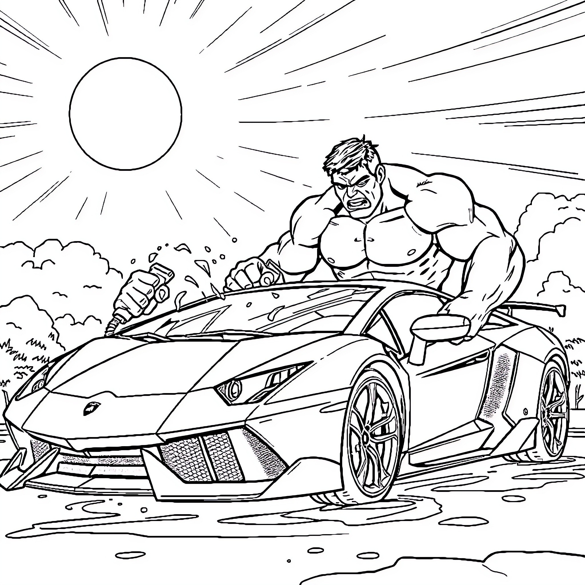 Hulk Crushing a Sports Car in the Outdoors Coloring Page (free black-and-white line drawing printable PDF for all, from beginners to advanced learners, including children, teens, adults, and seniors)
