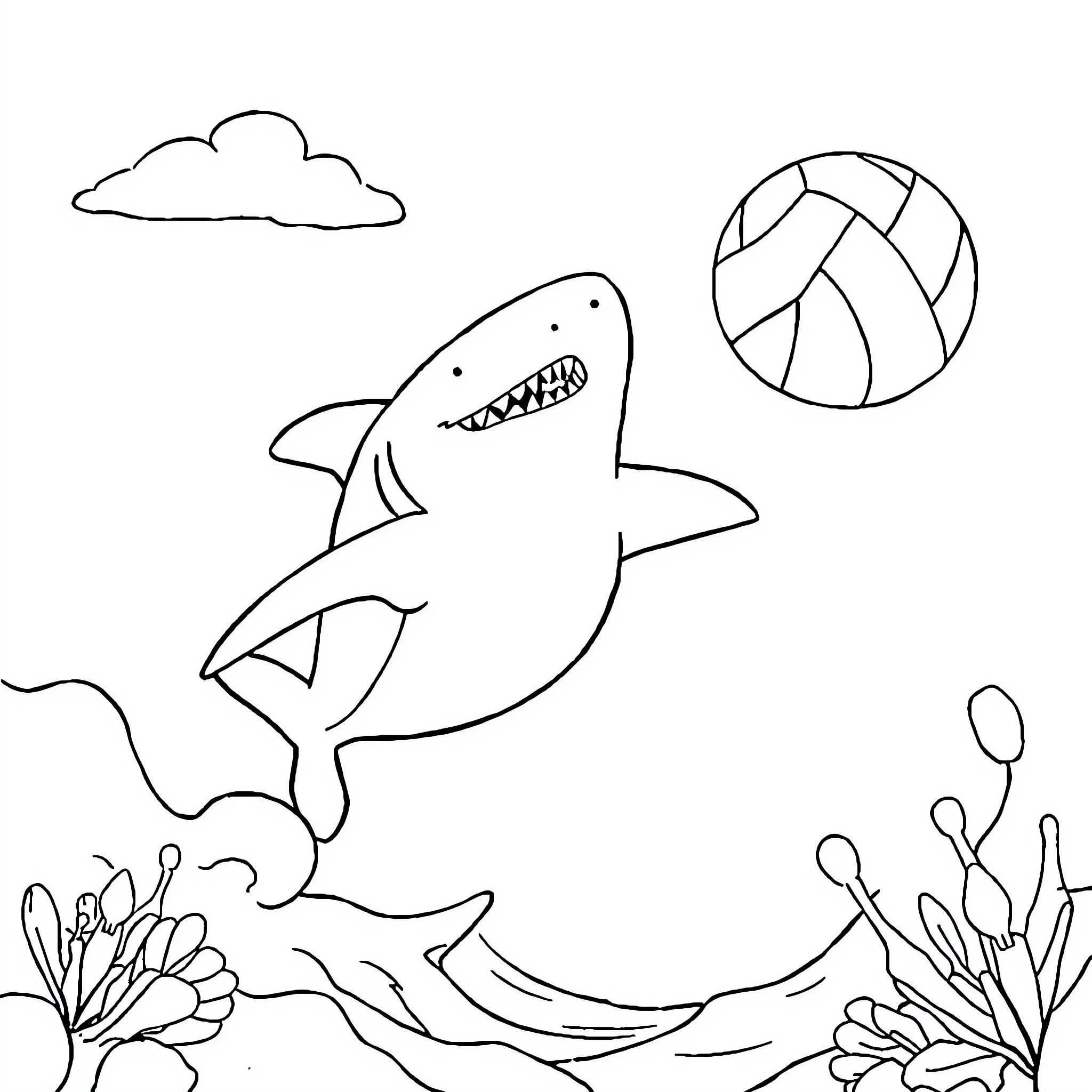 Baby Shark playing with beach ball in the ocean Coloring Page (free black-and-white line drawing printable PDF for all, from beginners to advanced learners, including children, teens, adults, and seniors)