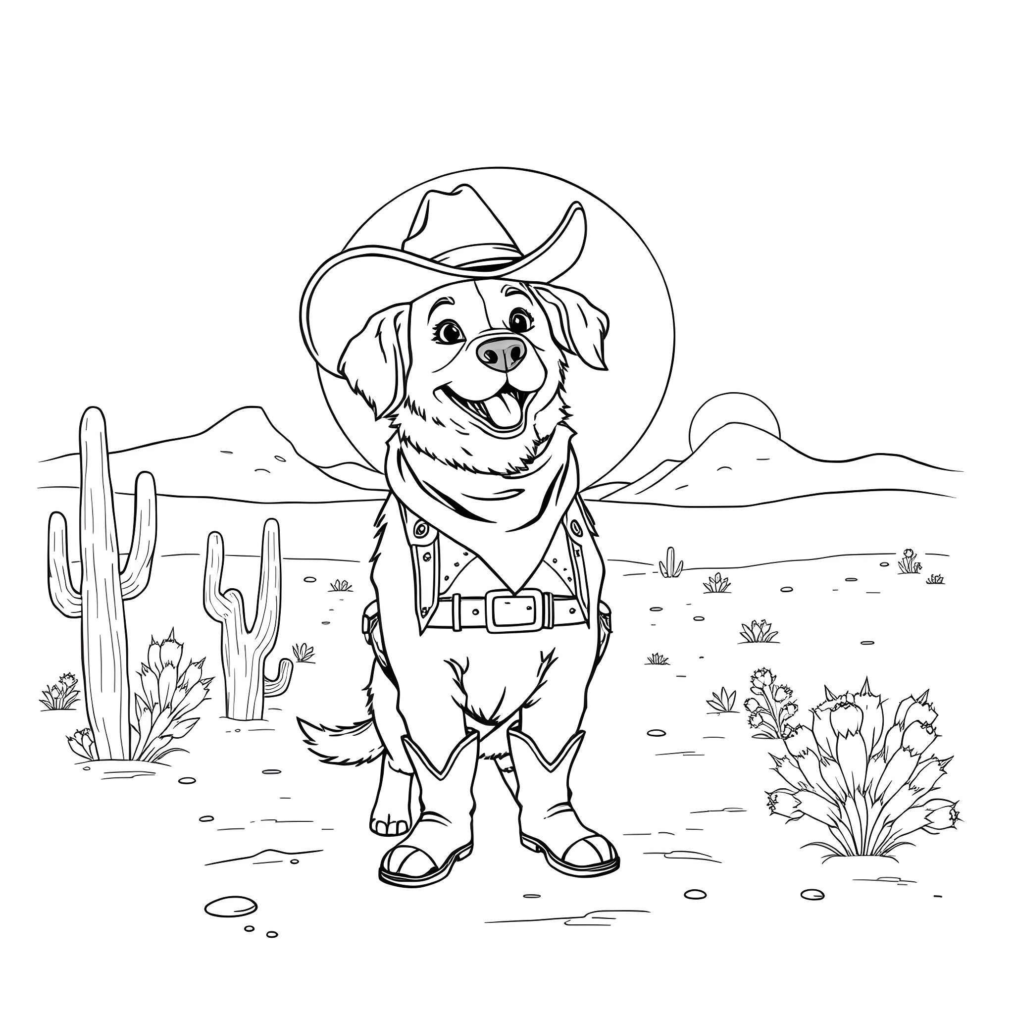 Dog cowboy in the desert landscape Coloring Page (free black-and-white line drawing printable PDF for all, from beginners to advanced learners, including children, teens, adults, and seniors)