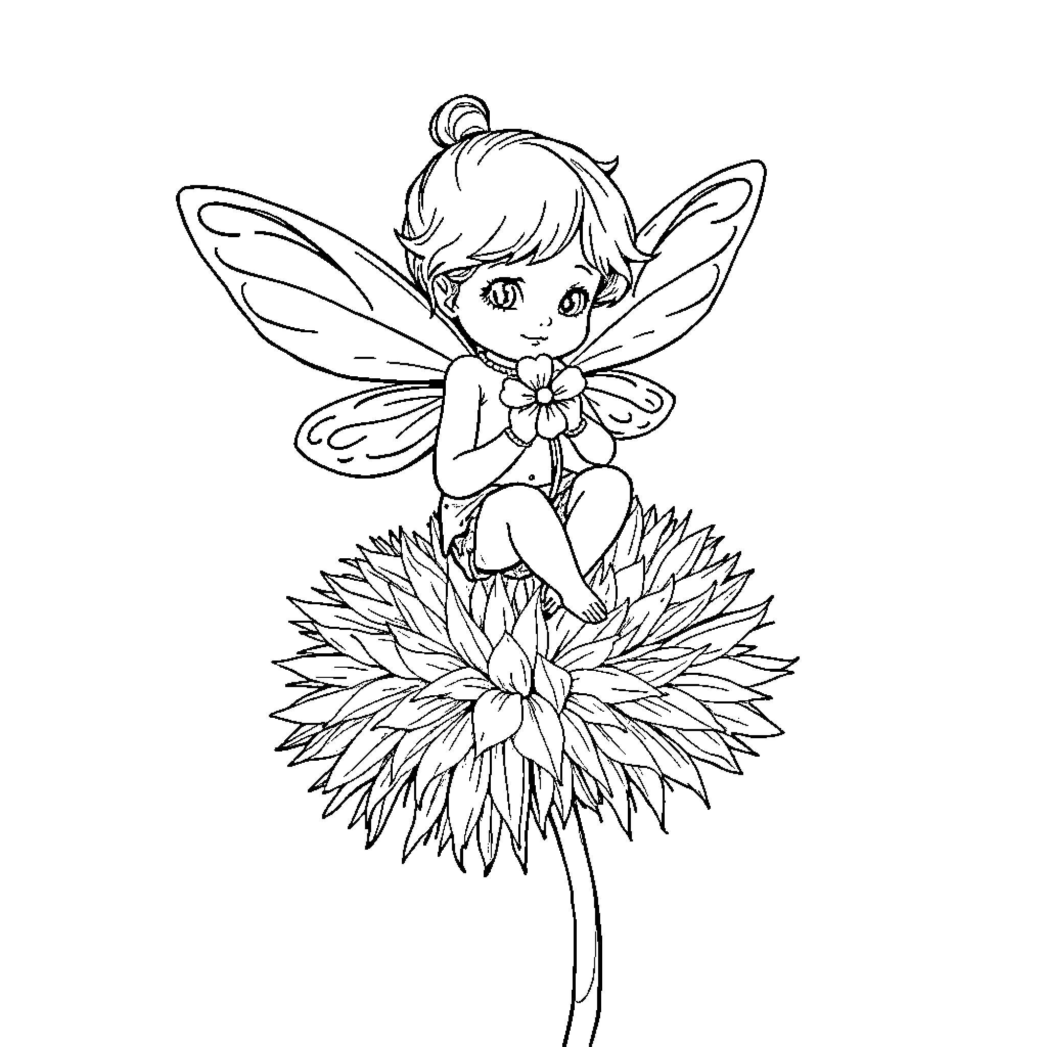 Fairy sitting on a flower Coloring Page (free black-and-white line drawing printable PDF for all, from beginners to advanced learners, including children, teens, adults, and seniors)