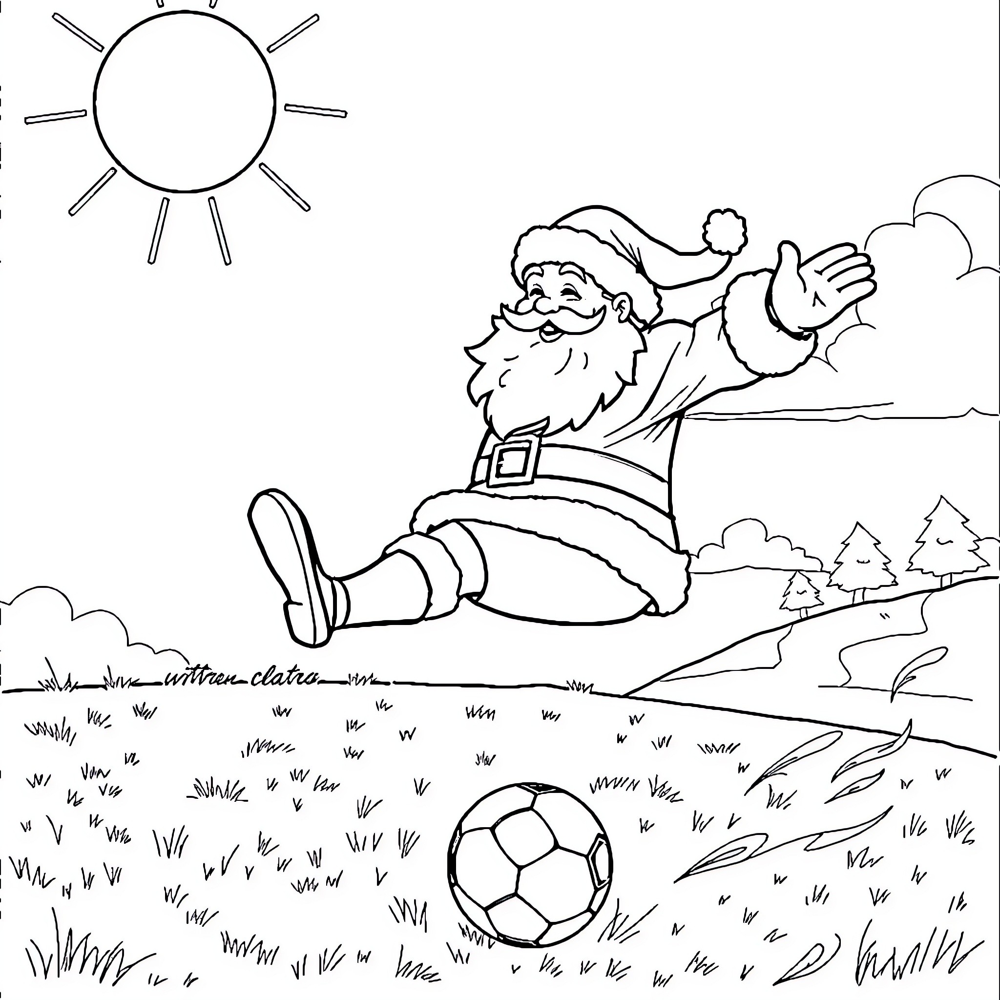 Santa playing happily with a soccer ball in the park Coloring Page (free black-and-white line drawing printable PDF for all, from beginners to advanced learners, including children, teens, adults, and seniors)