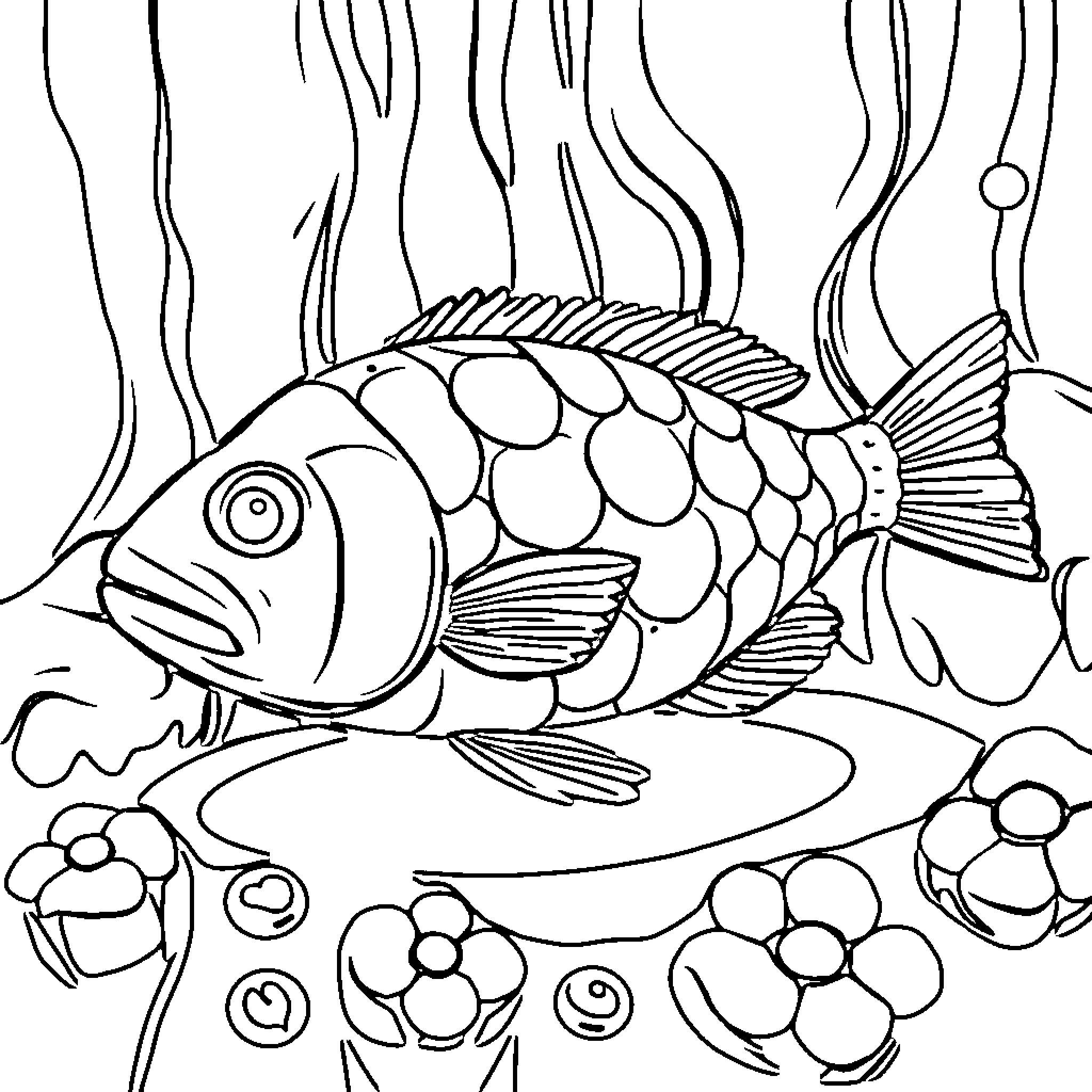 Jub fish swimming among floral elements Coloring Page (free black-and-white line drawing printable PDF for all, from beginners to advanced learners, including children, teens, adults, and seniors)
