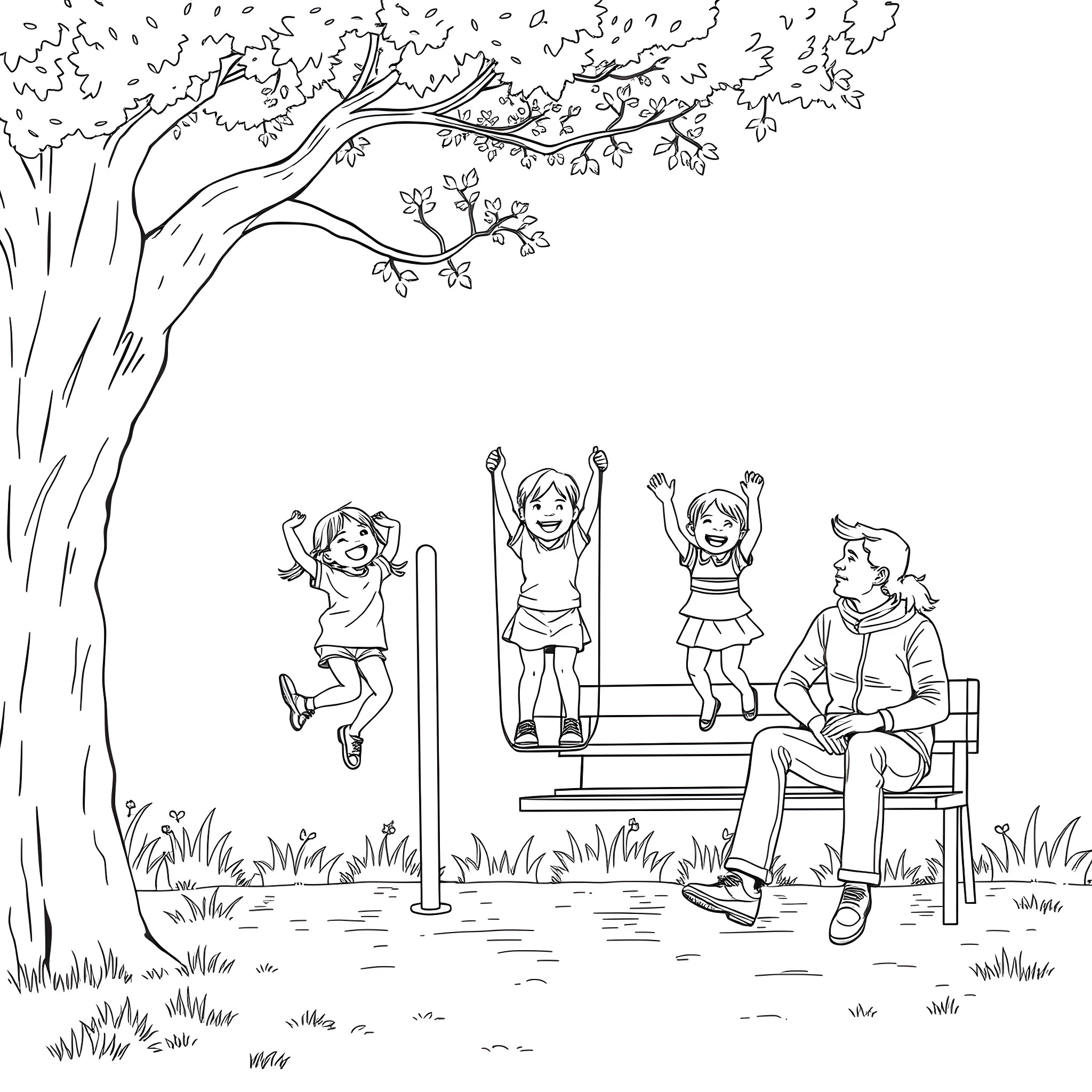 Children playing happily in the park Coloring Page (free black-and-white line drawing printable PDF for all, from beginners to advanced learners, including children, teens, adults, and seniors)
