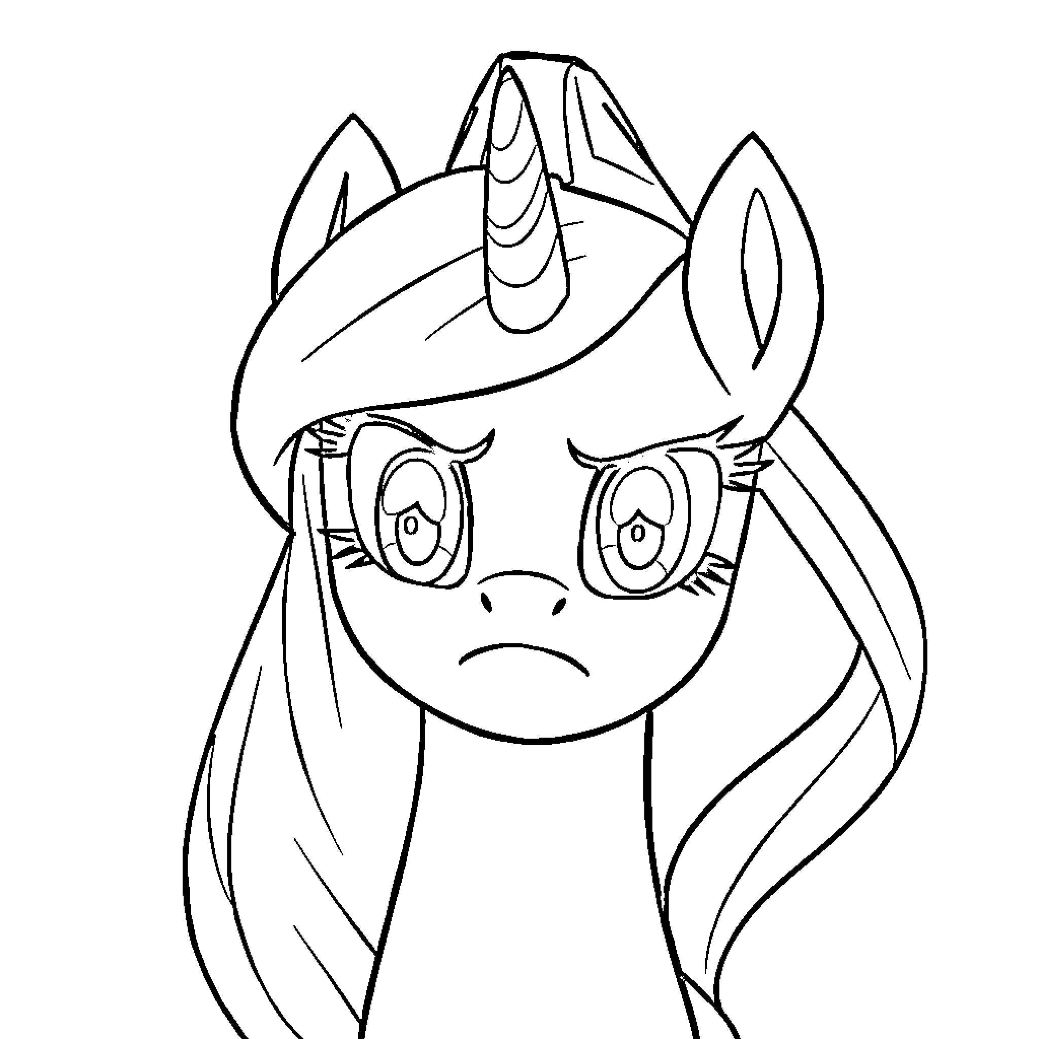 Pony with sad expression Coloring Page (free black-and-white line drawing printable PDF for all, from beginners to advanced learners, including children, teens, adults, and seniors)