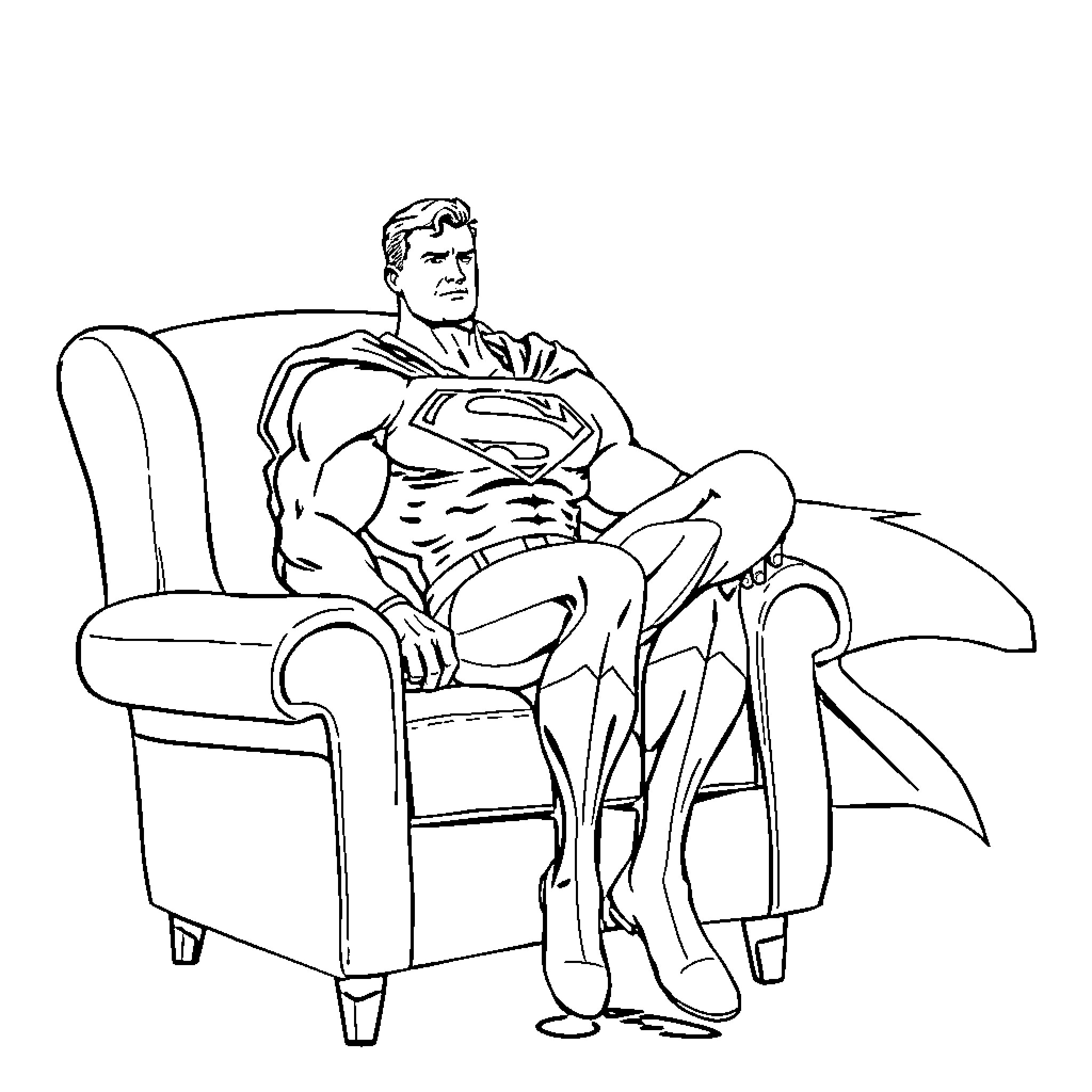 Superman resting in a chair with superhero outfit Coloring Page (free black-and-white line drawing printable PDF for all, from beginners to advanced learners, including children, teens, adults, and seniors)