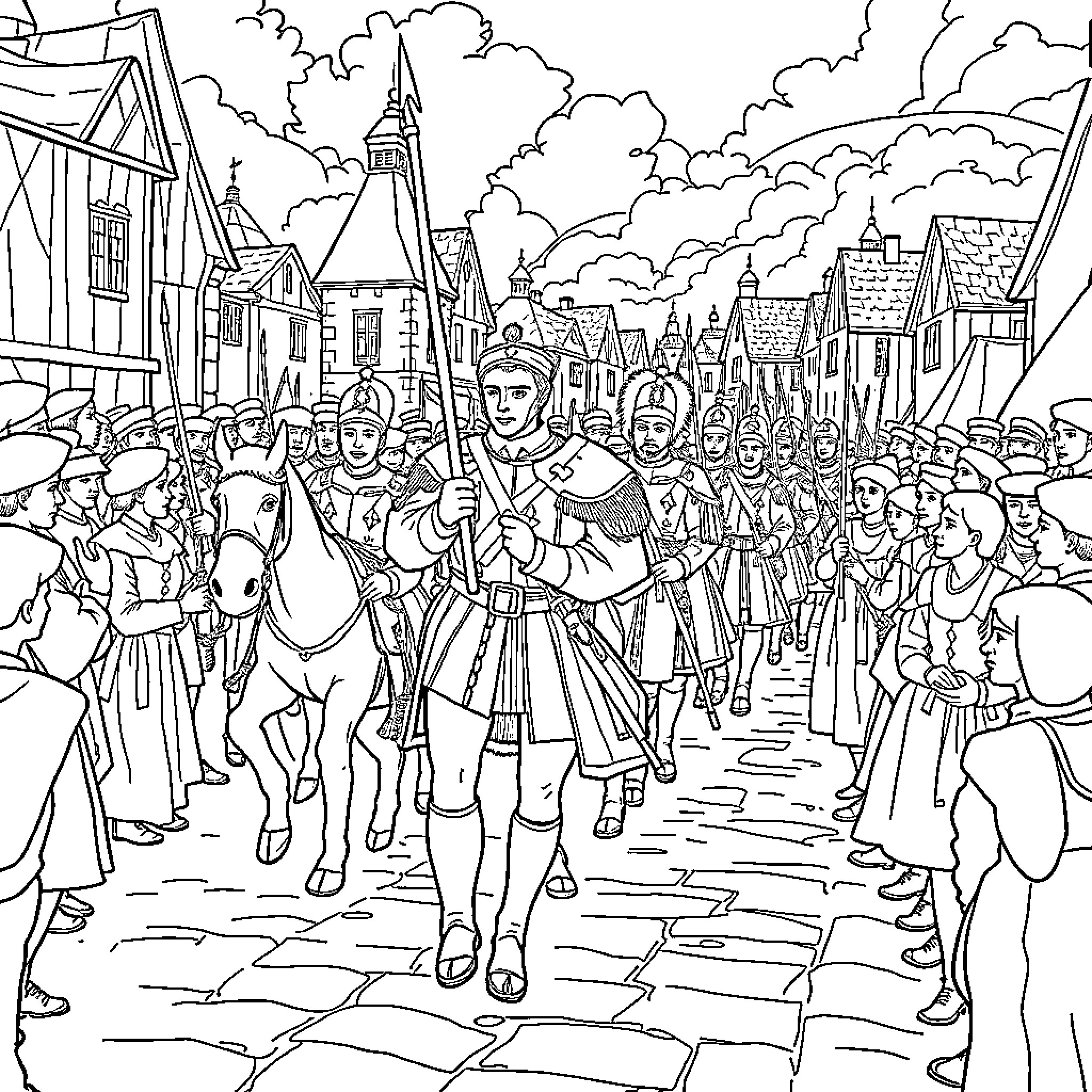 Karl's Triumphant Medieval Parade through the Bustling Town Coloring Page (free black-and-white line drawing printable PDF for all, from beginners to advanced learners, including children, teens, adults, and seniors)