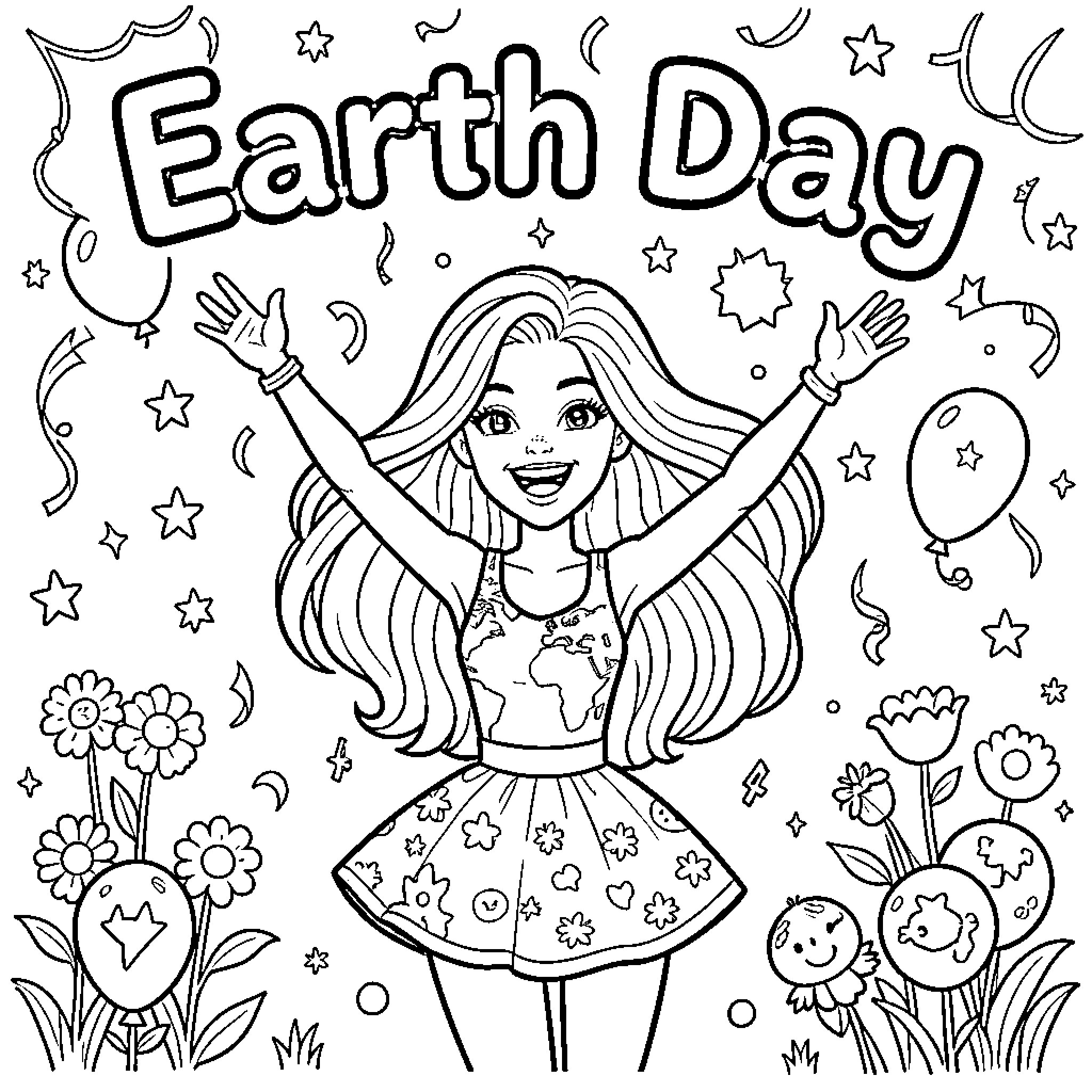 Barbie celebrating Earth Day with nature and stars Coloring Page (free black-and-white line drawing printable PDF for all, from beginners to advanced learners, including children, teens, adults, and seniors)