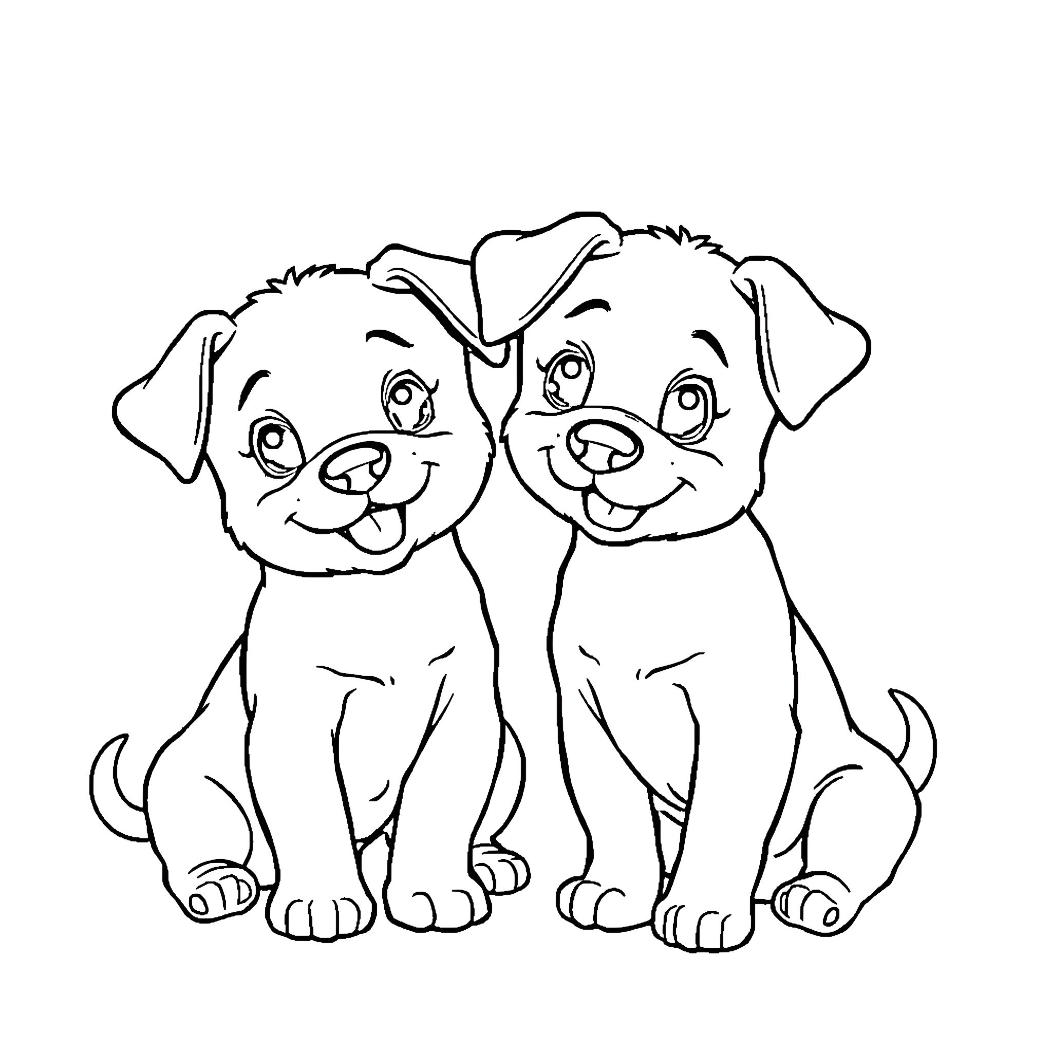 Picture of two adorable puppies sitting together Coloring Page (free black-and-white line drawing printable PDF for all, from beginners to advanced learners, including children, teens, adults, and seniors)