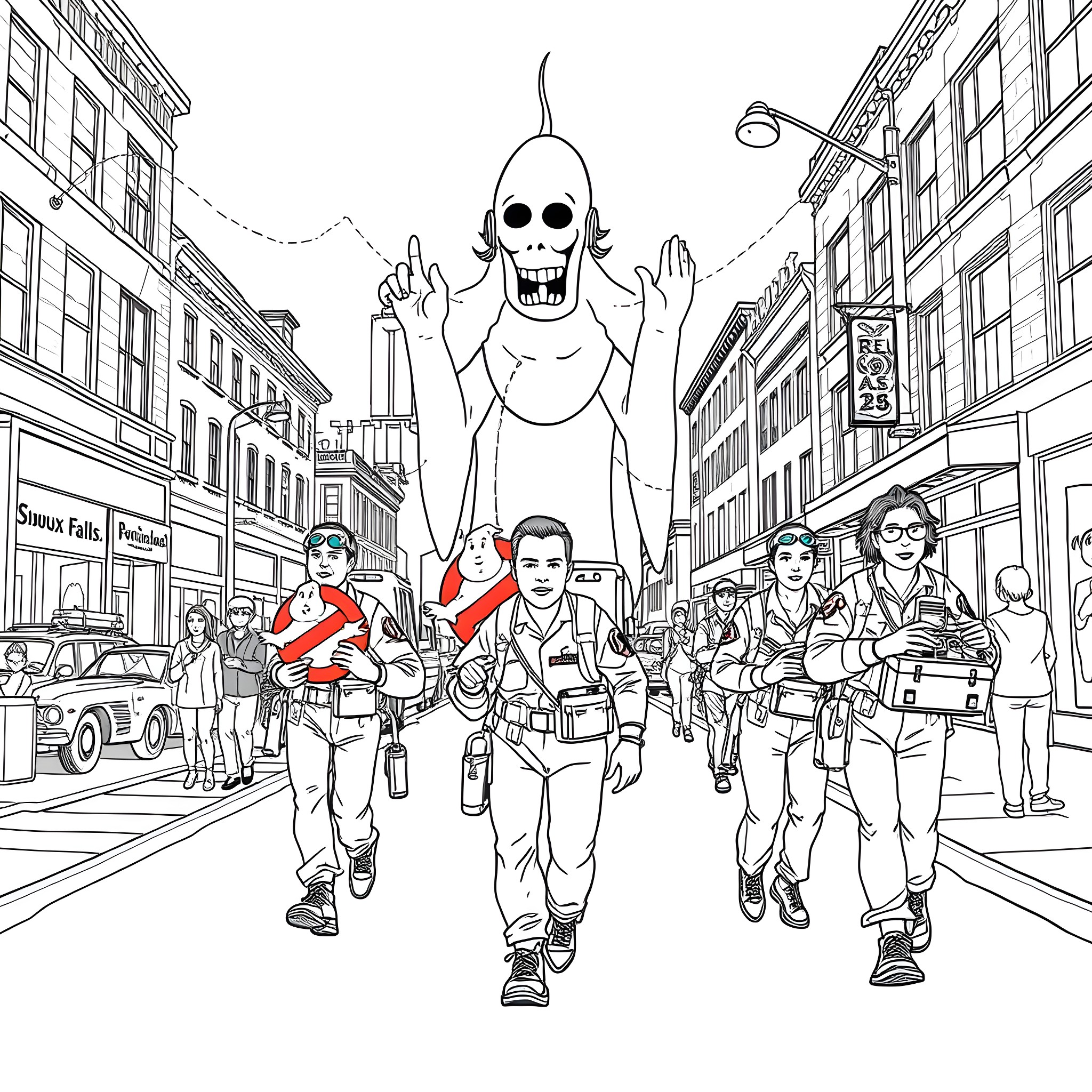 Ghostbusters in action on the city streets Coloring Page (free black-and-white line drawing printable PDF for all, from beginners to advanced learners, including children, teens, adults, and seniors)