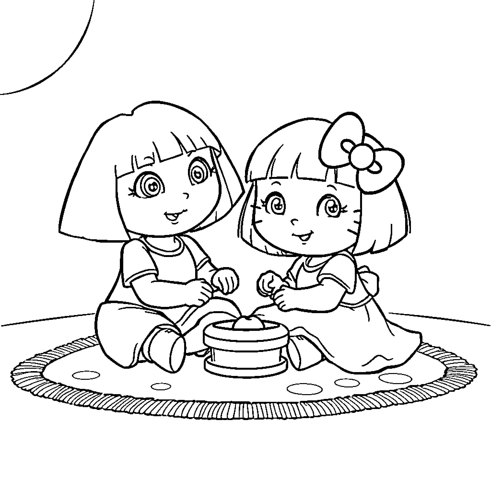 Dora and Boots Enjoying Birthday Cake Together Coloring Page (free black-and-white line drawing printable PDF for all, from beginners to advanced learners, including children, teens, adults, and seniors)