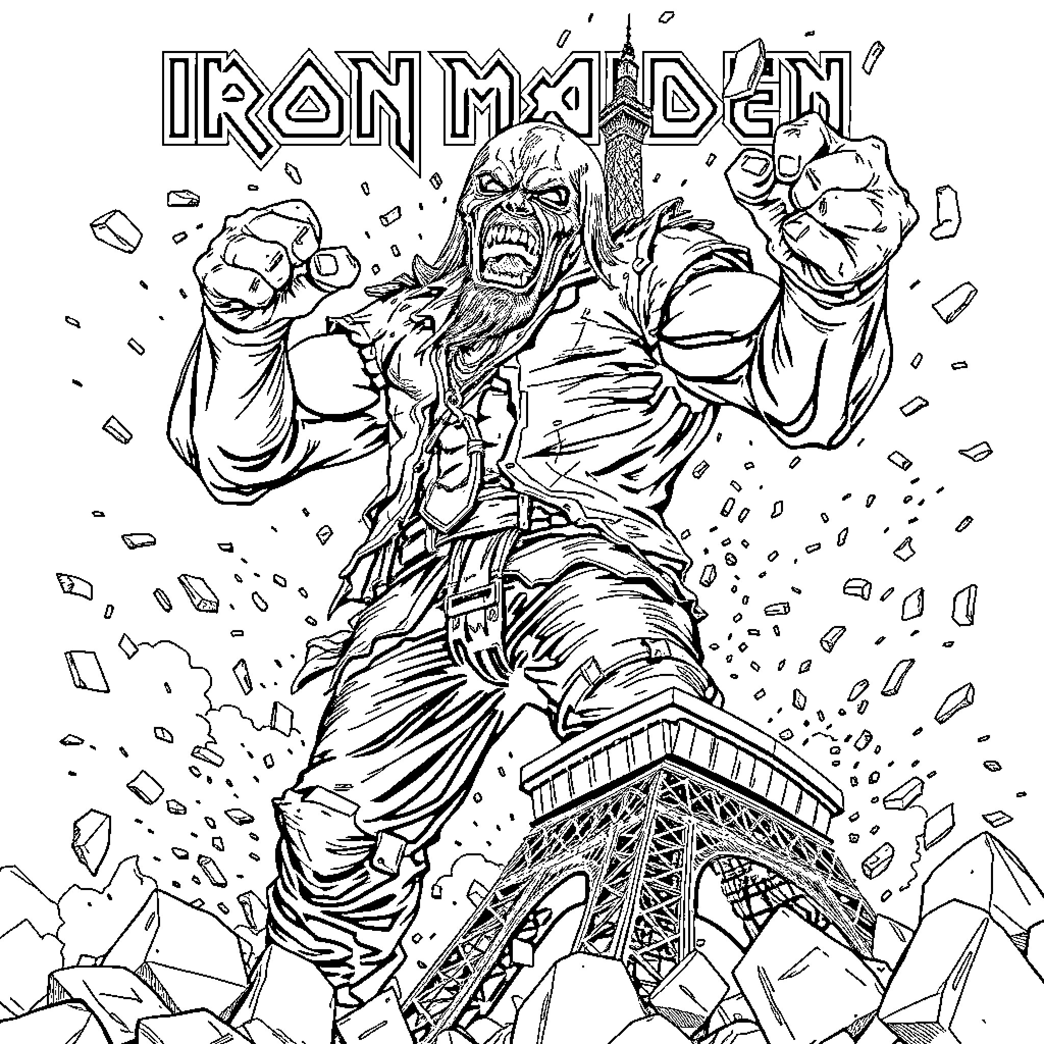 Eddie's Intense Metal Performance in Paris Coloring Page (free black-and-white line drawing printable PDF for all, from beginners to advanced learners, including children, teens, adults, and seniors)