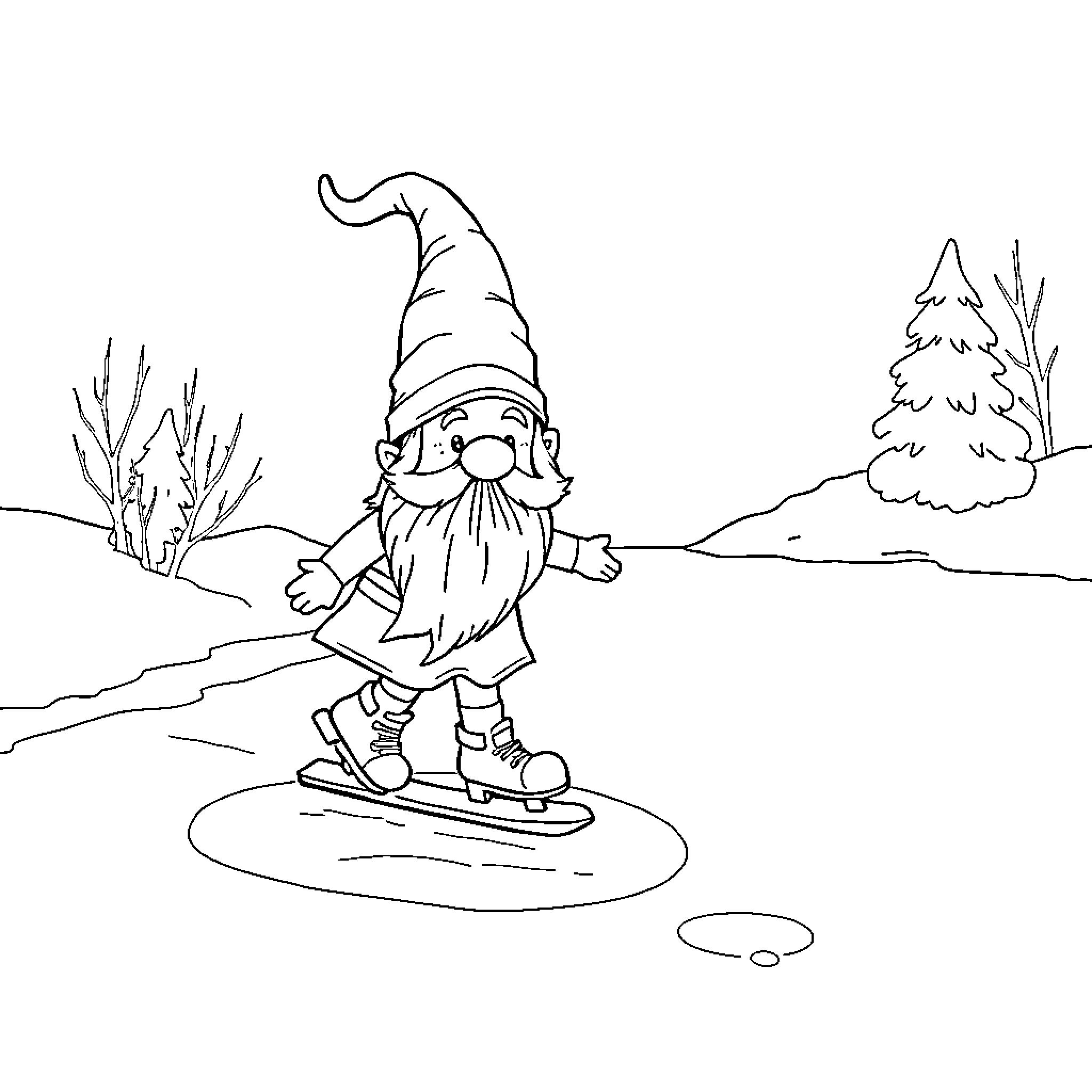 Gnome skiing merrily through a snowy landscape Coloring Page (free black-and-white line drawing printable PDF for all, from beginners to advanced learners, including children, teens, adults, and seniors)