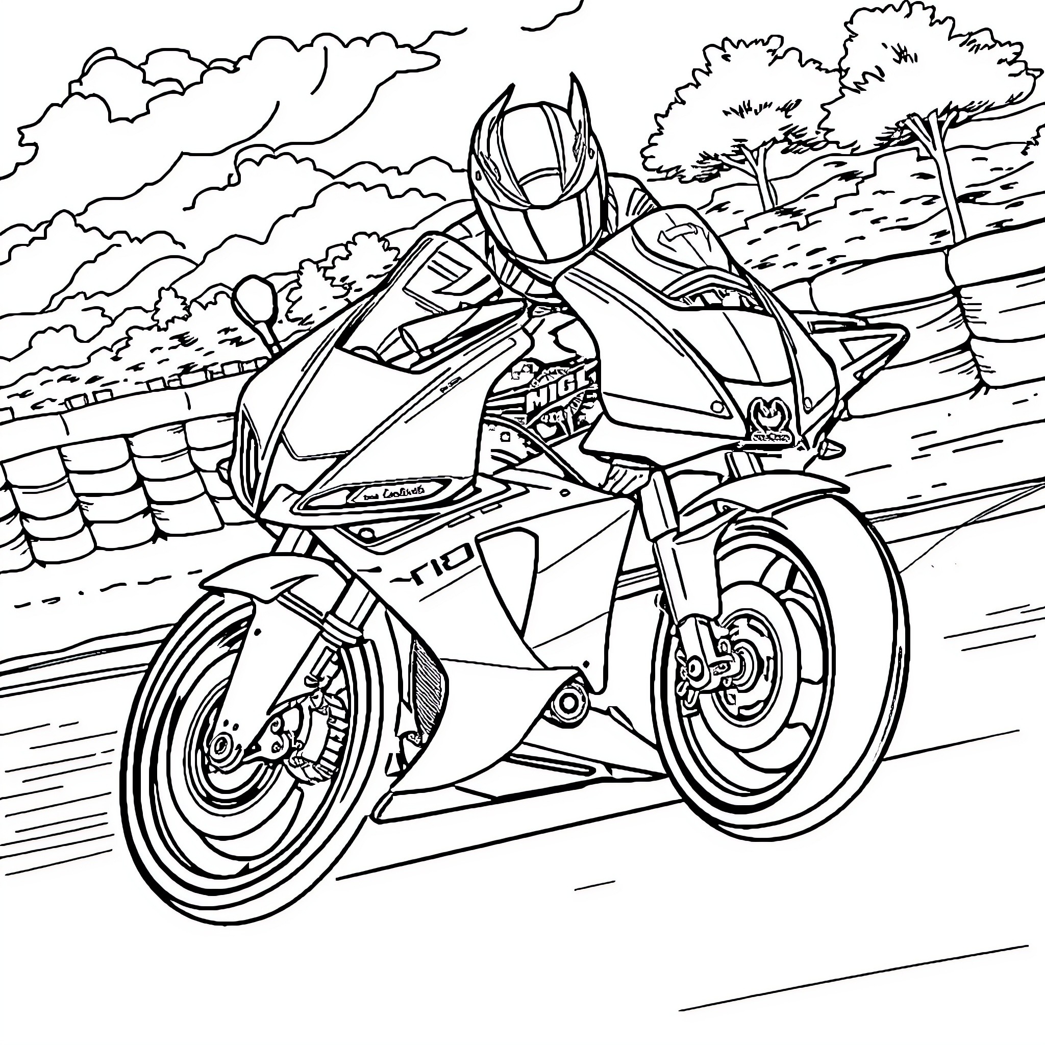Vegeta riding high-speed motorcycle on scenic road Coloring Page (free black-and-white line drawing printable PDF for all, from beginners to advanced learners, including children, teens, adults, and seniors)