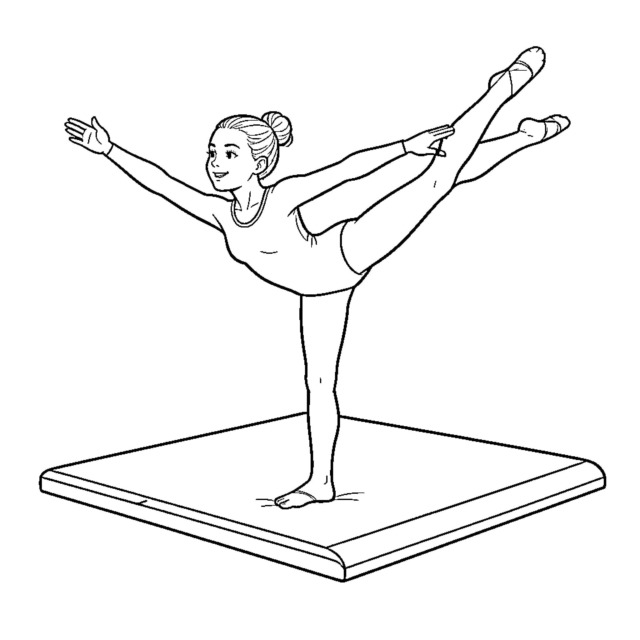 Girl performing gymnastic move on balance beam Coloring Page (free black-and-white line drawing printable PDF for all, from beginners to advanced learners, including children, teens, adults, and seniors)