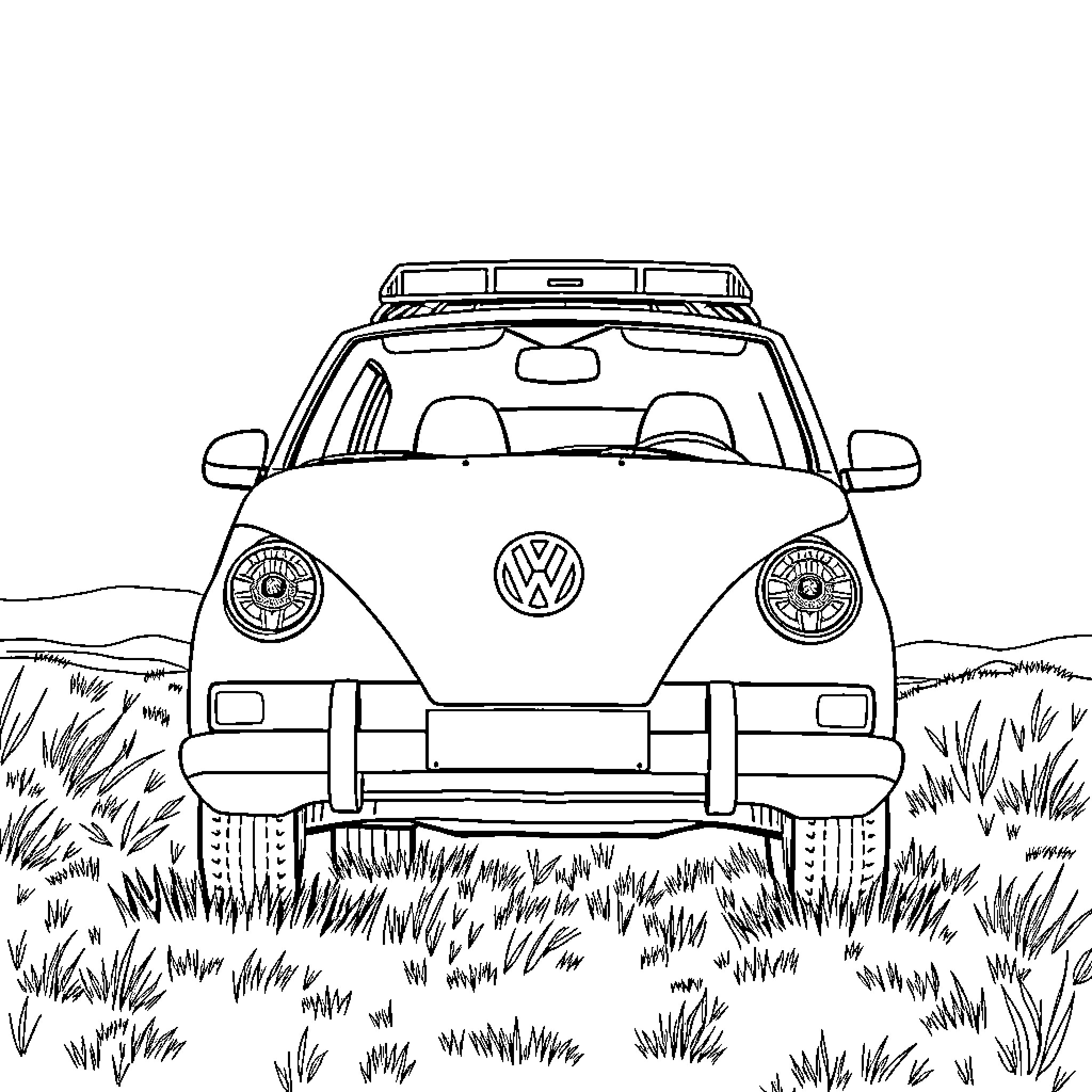 Volkswagen off-road vehicle in the countryside Coloring Page (free black-and-white line drawing printable PDF for all, from beginners to advanced learners, including children, teens, adults, and seniors)