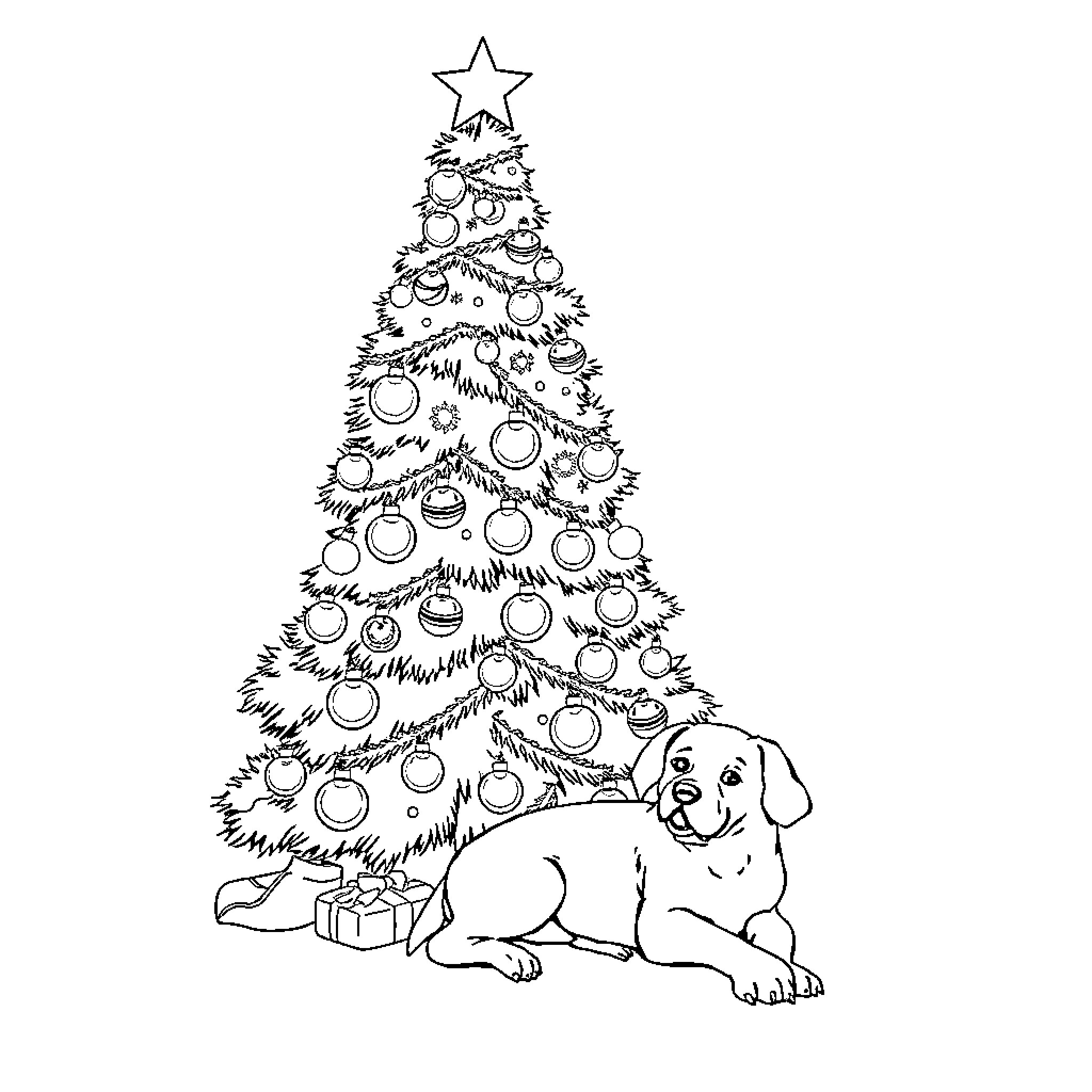 Dog relaxing by decorated Christmas tree Coloring Page (free black-and-white line drawing printable PDF for all, from beginners to advanced learners, including children, teens, adults, and seniors)
