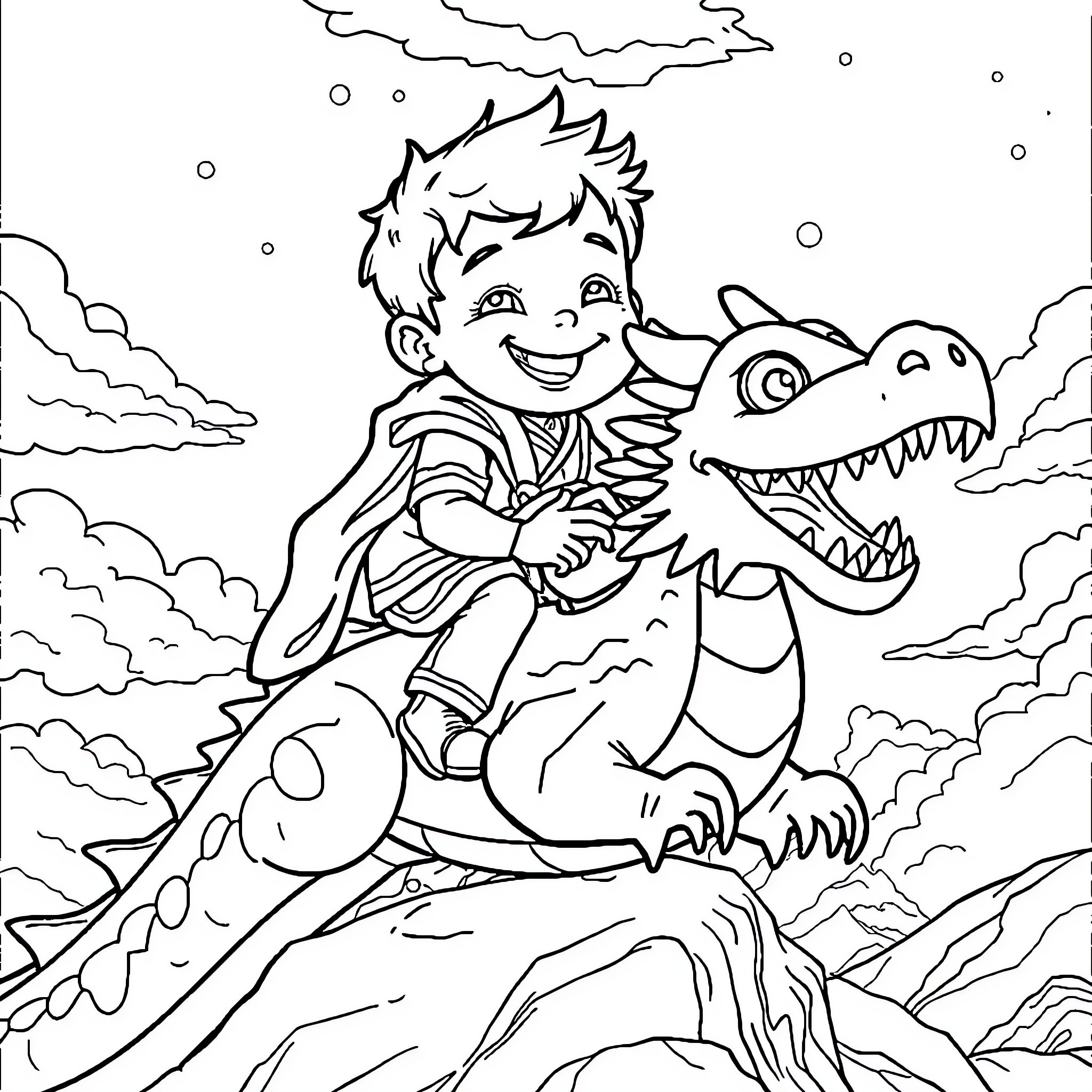 Kid playing with friendly dinosaur in snowy landscape Coloring Page (free black-and-white line drawing printable PDF for all, from beginners to advanced learners, including children, teens, adults, and seniors)