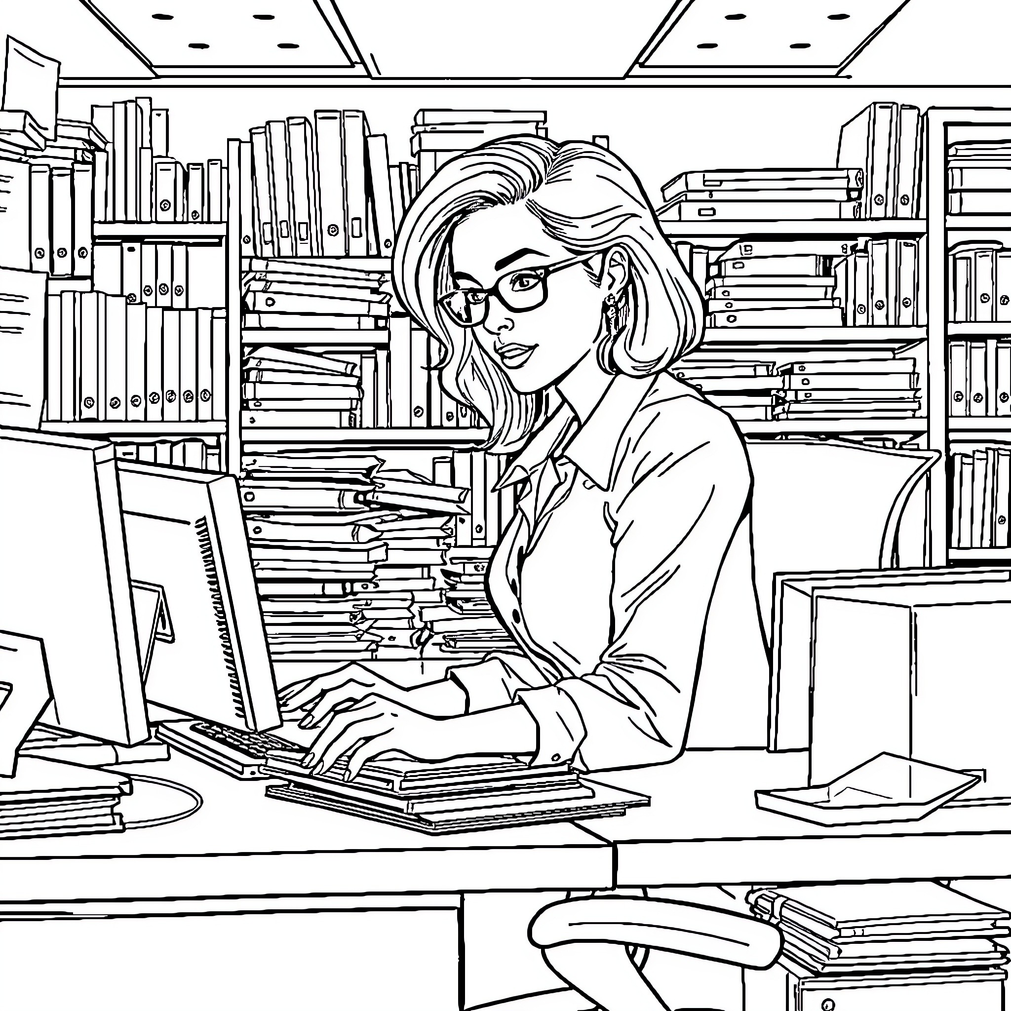 Femme working diligently in the library Coloring Page (free black-and-white line drawing printable PDF for all, from beginners to advanced learners, including children, teens, adults, and seniors)