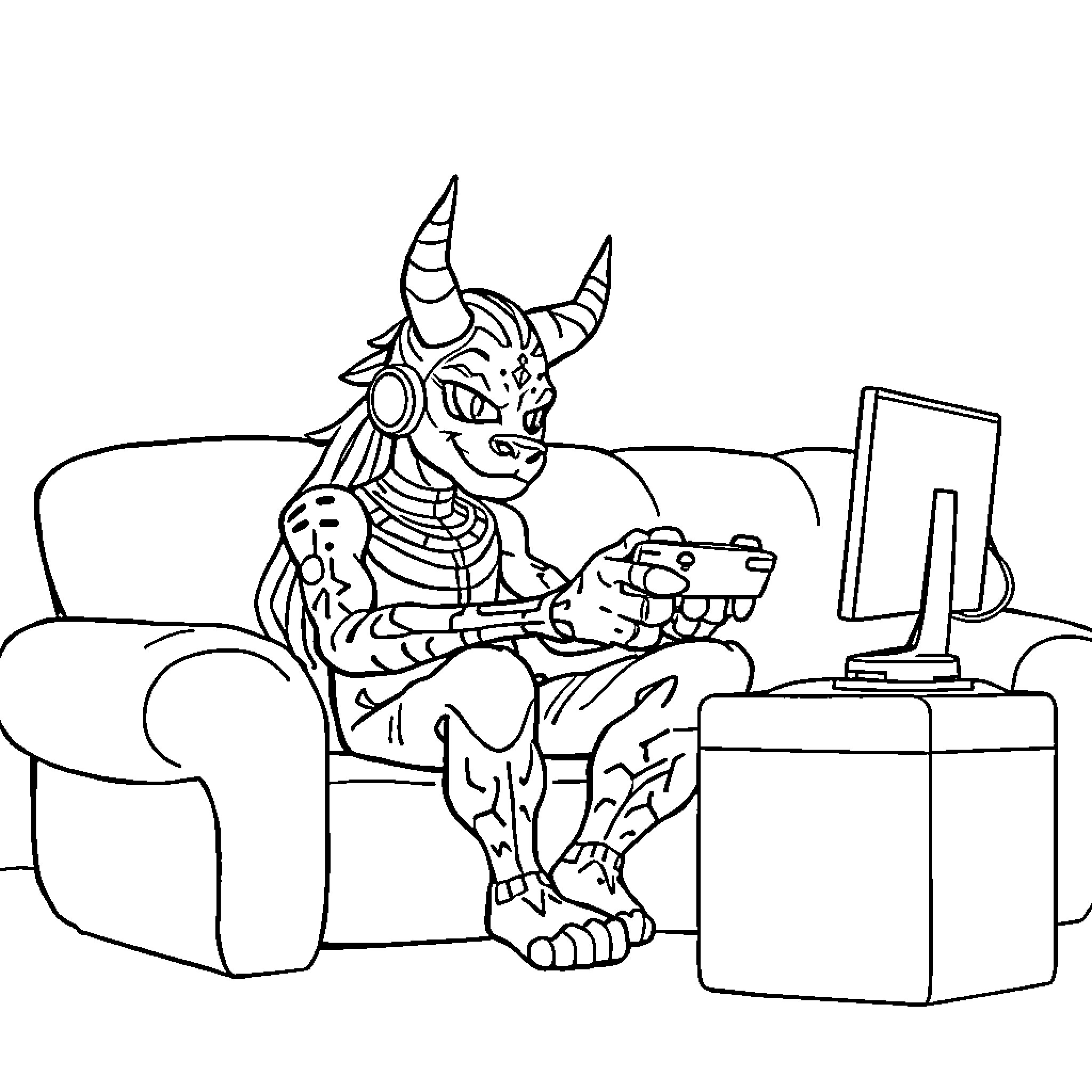 Vecna playing video games on a couch Coloring Page (free black-and-white line drawing printable PDF for all, from beginners to advanced learners, including children, teens, adults, and seniors)