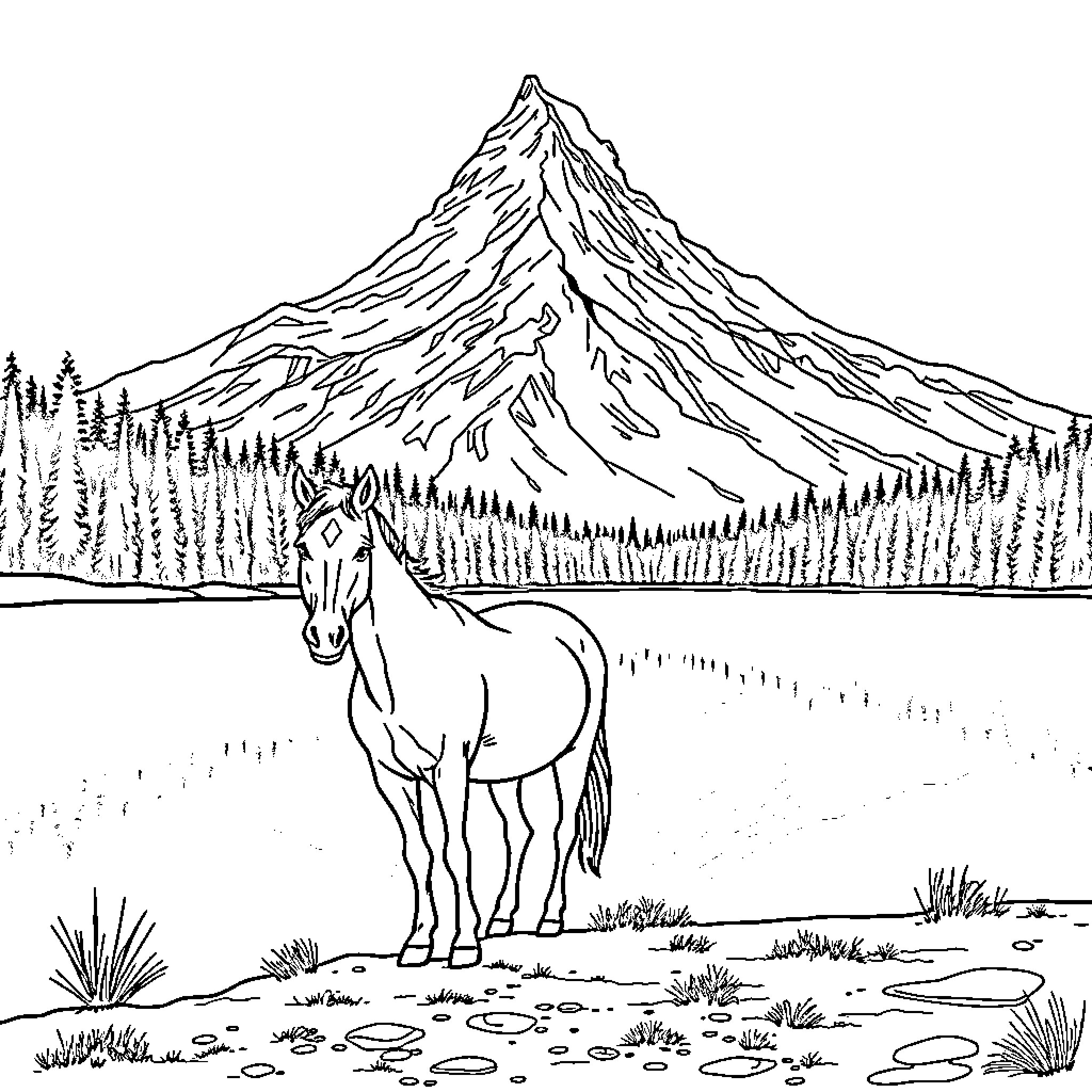 Horse standing in serene mountain landscape Coloring Page (free black-and-white line drawing printable PDF for all, from beginners to advanced learners, including children, teens, adults, and seniors)