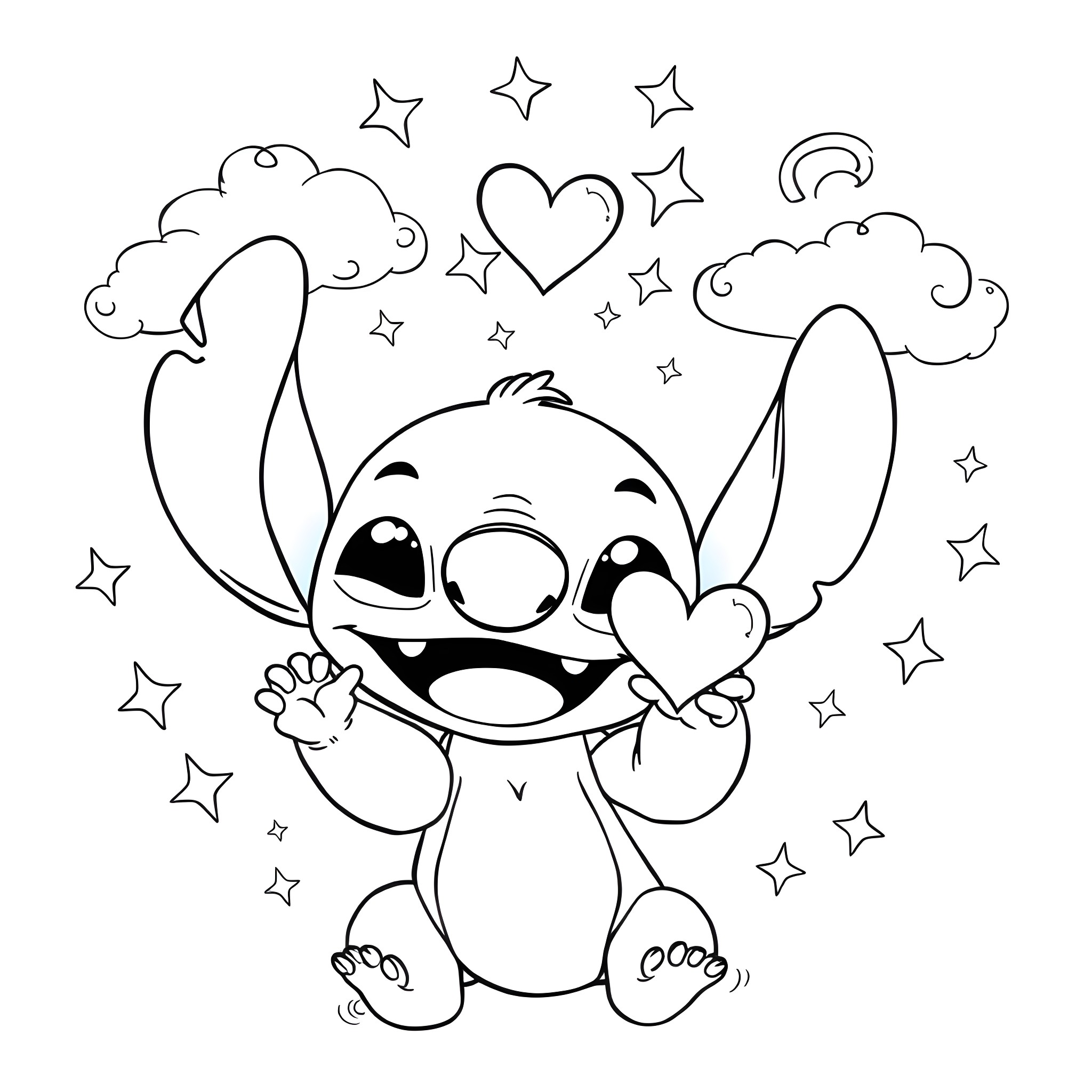 Stitch making a heart with stars and clouds Coloring Page (free black-and-white line drawing printable PDF for all, from beginners to advanced learners, including children, teens, adults, and seniors)
